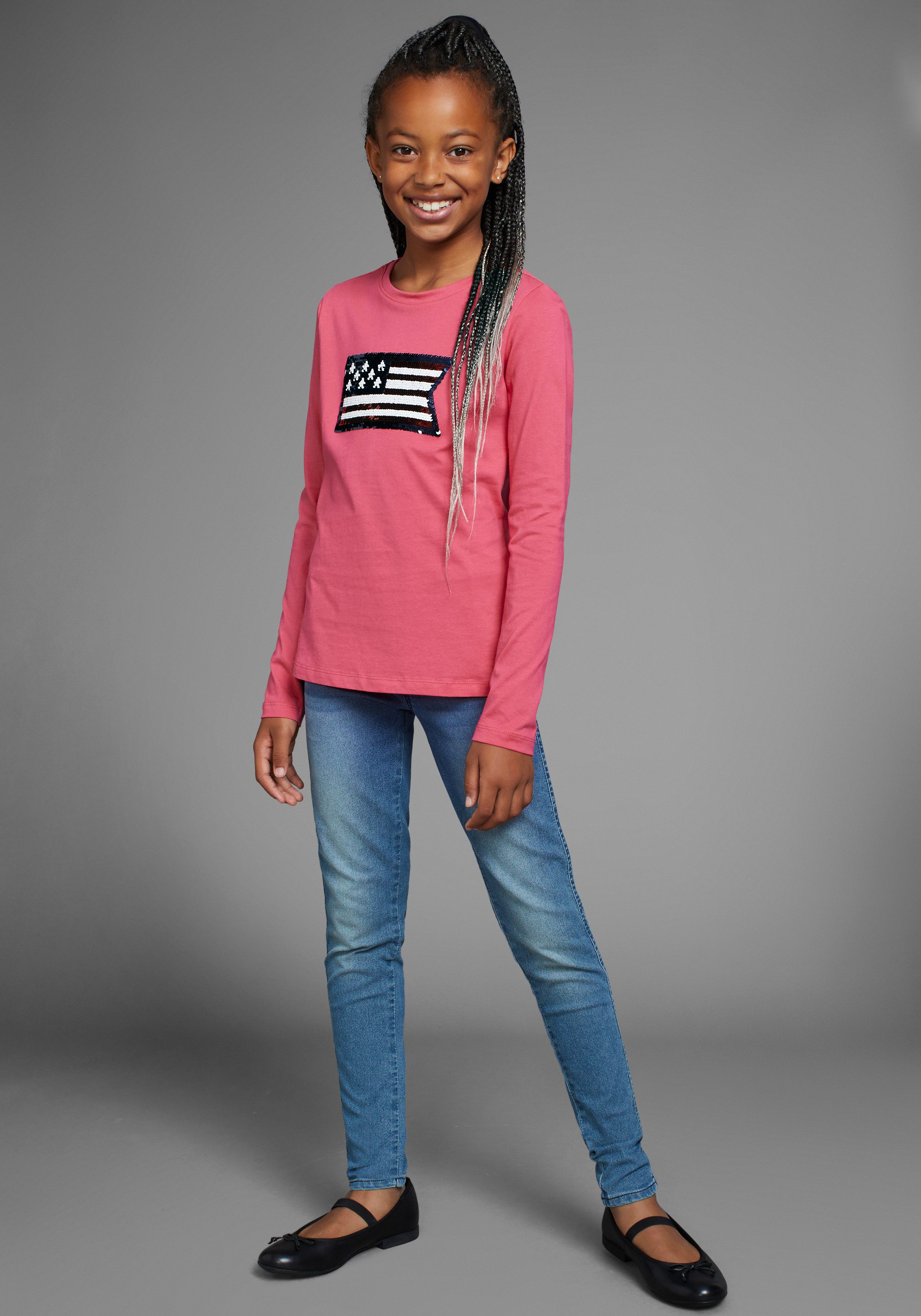 DELMAO Shirt met lange mouwen Met changerende pailletten pailletten in 2 kleuren te dragen