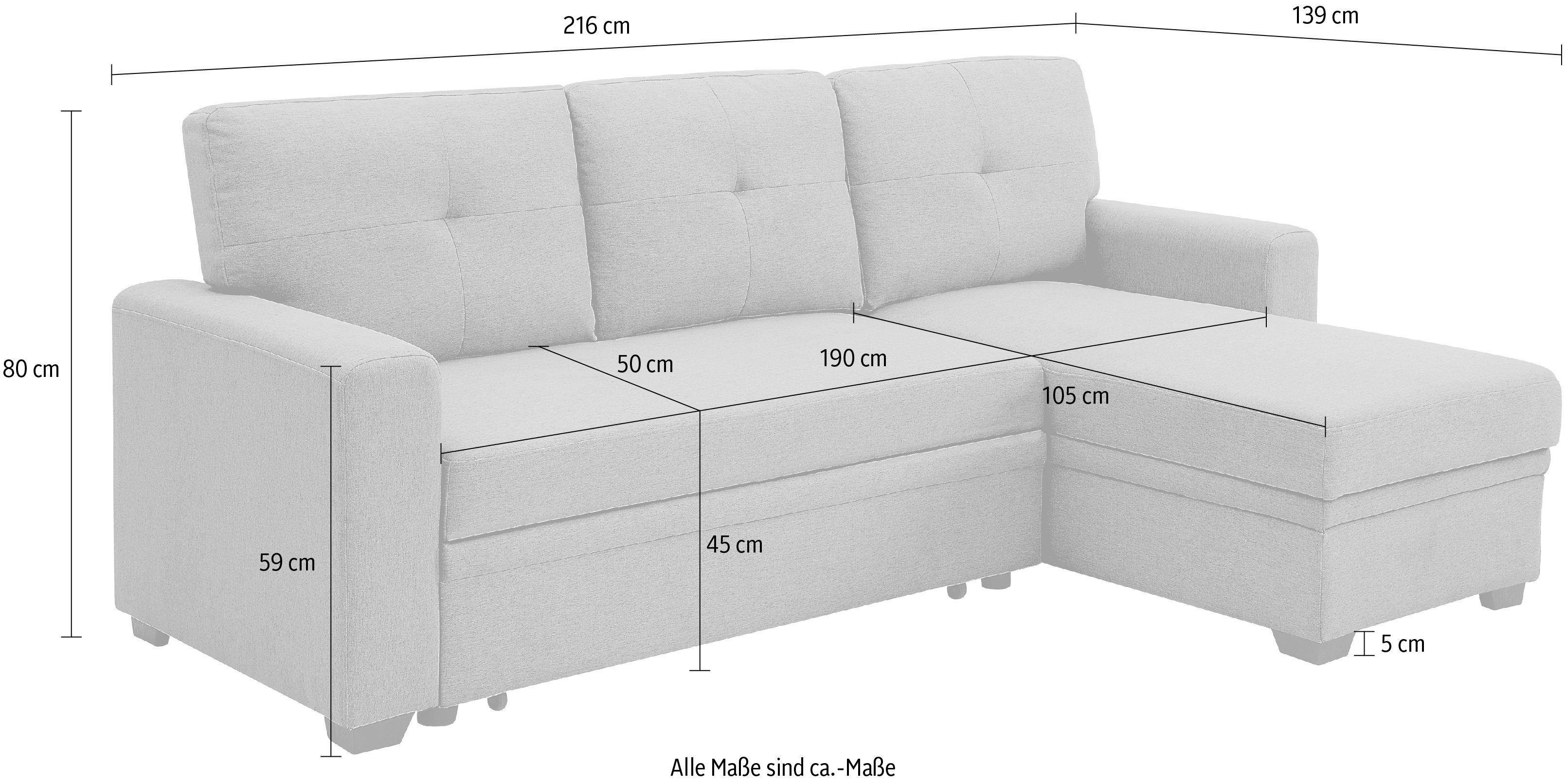 ATLANTIC home collection Hoekbank Gerrit L-vorm Bank met slaapbank functie en bedbox, de recamiere kan rechts of links worden gemonteerd