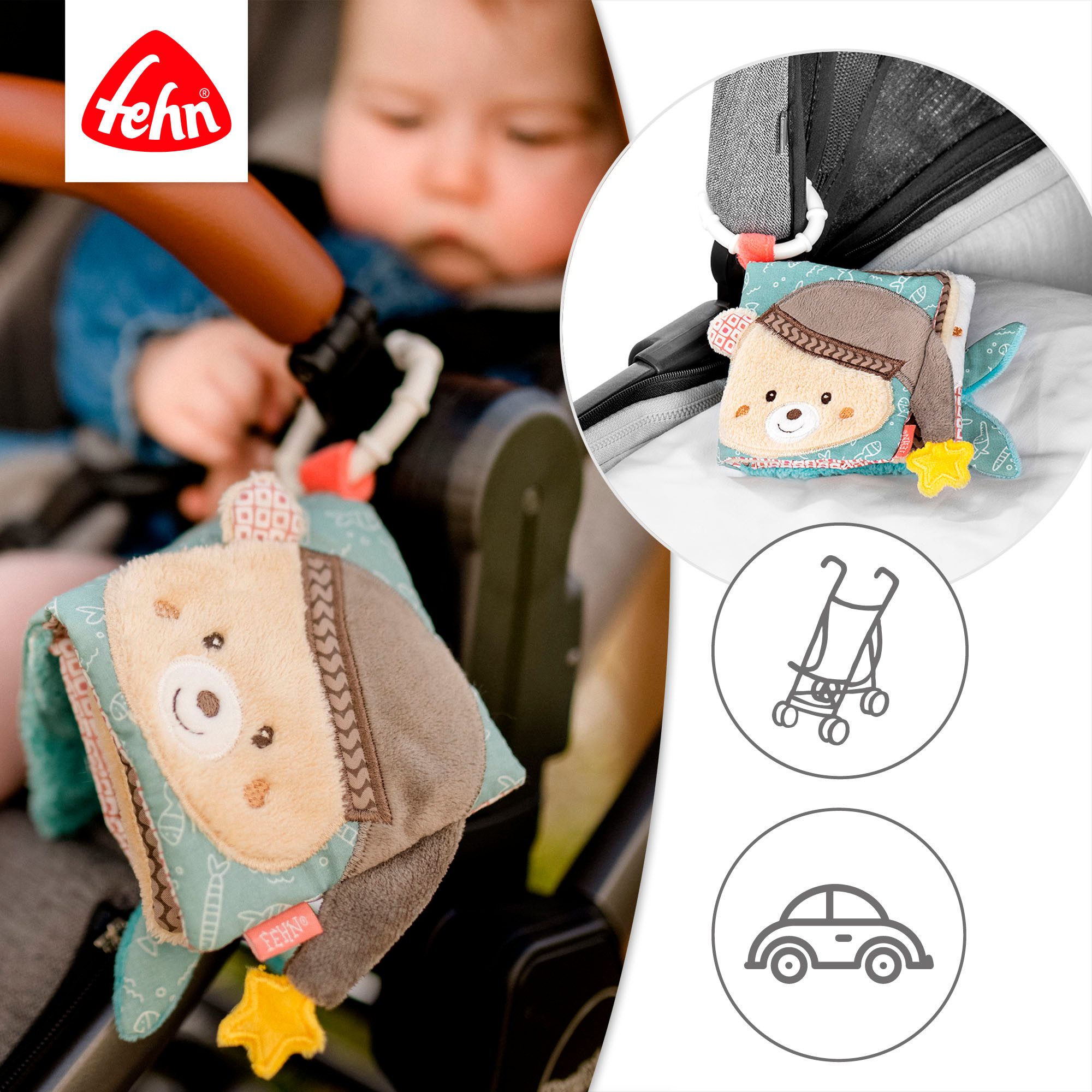 Fehn Grijpspeeltje Bruno, stoffen boek met ring ter bevestiging aan kinderwagen, babyzitje of bed