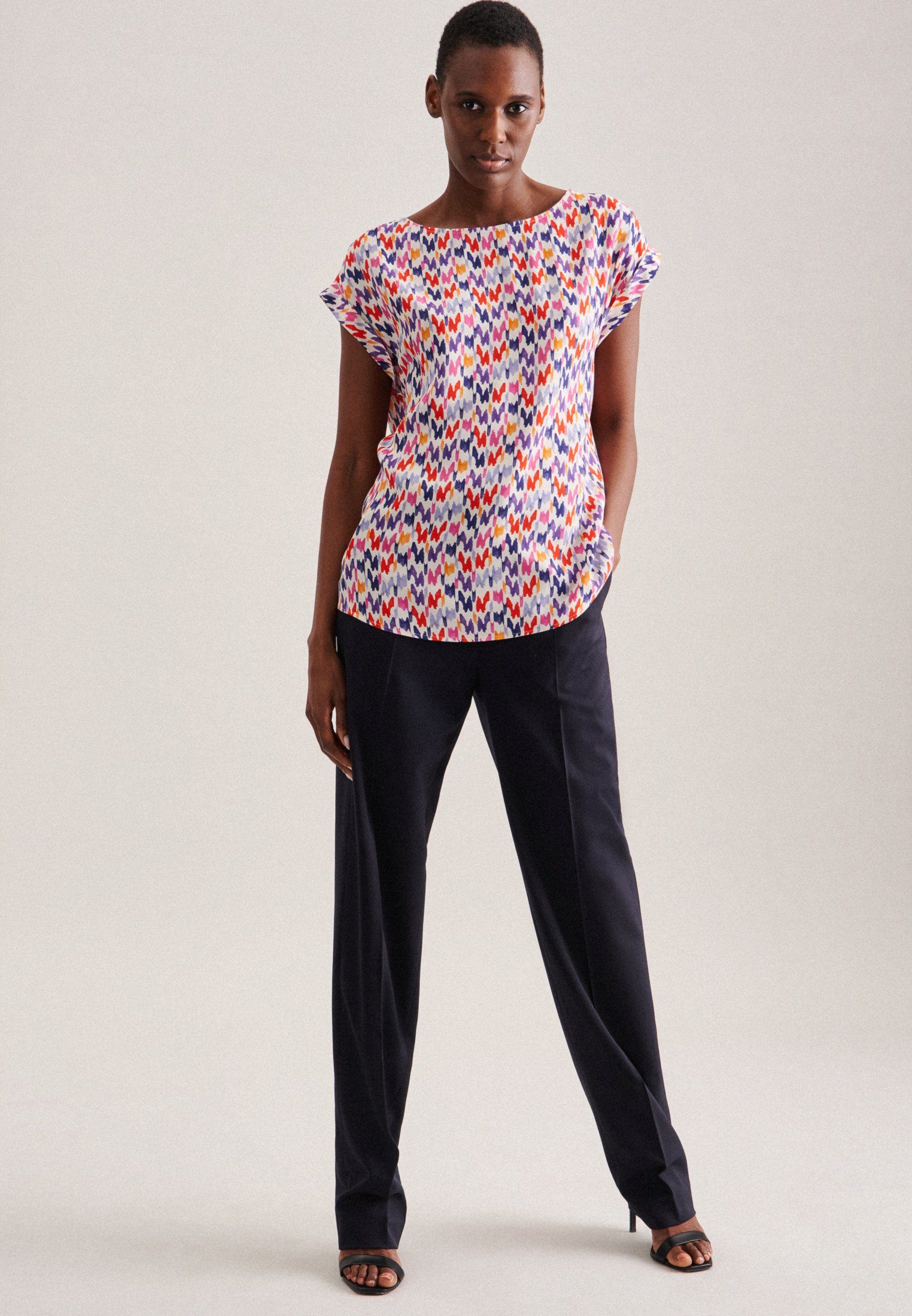 seidensticker Shirtblouse Zwarte roos Korte mouwen ronde hals print