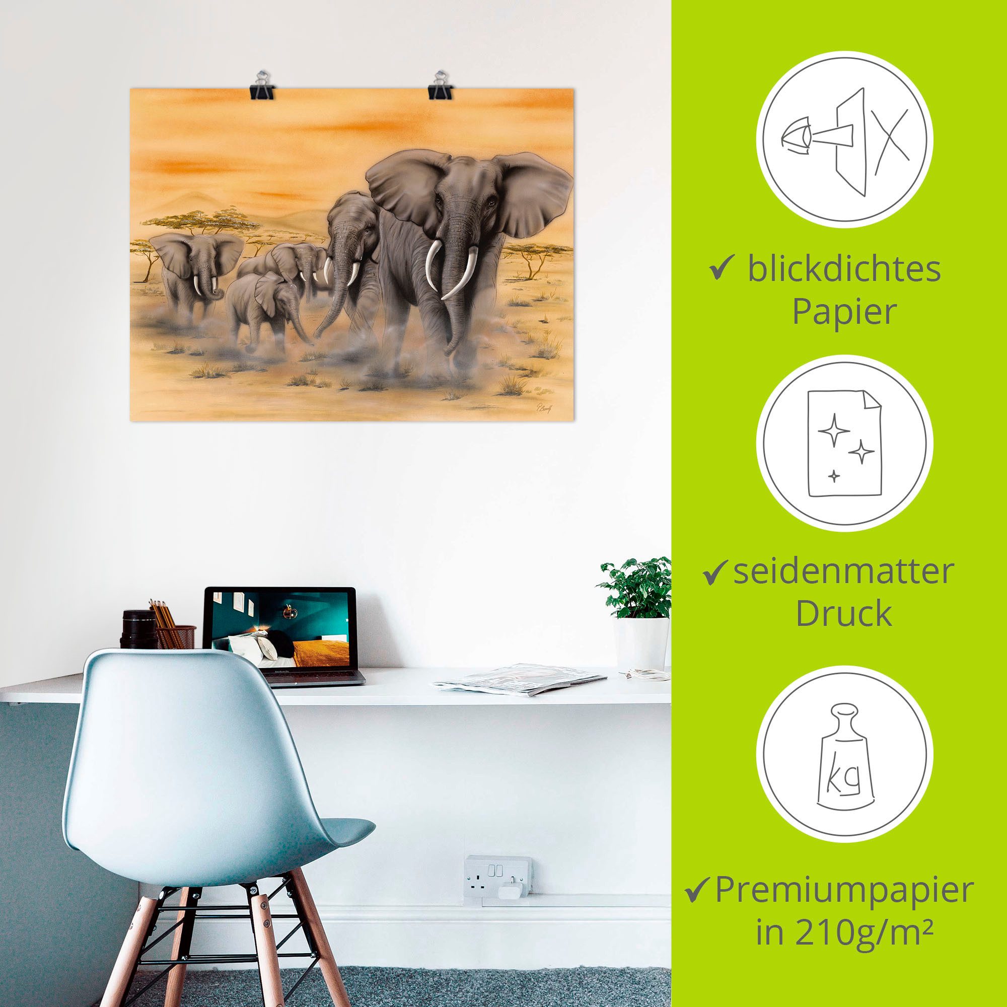 Artland Artprint Olifanten op de steppe als artprint van aluminium, artprint voor buiten, artprint op linnen, poster, muursticker