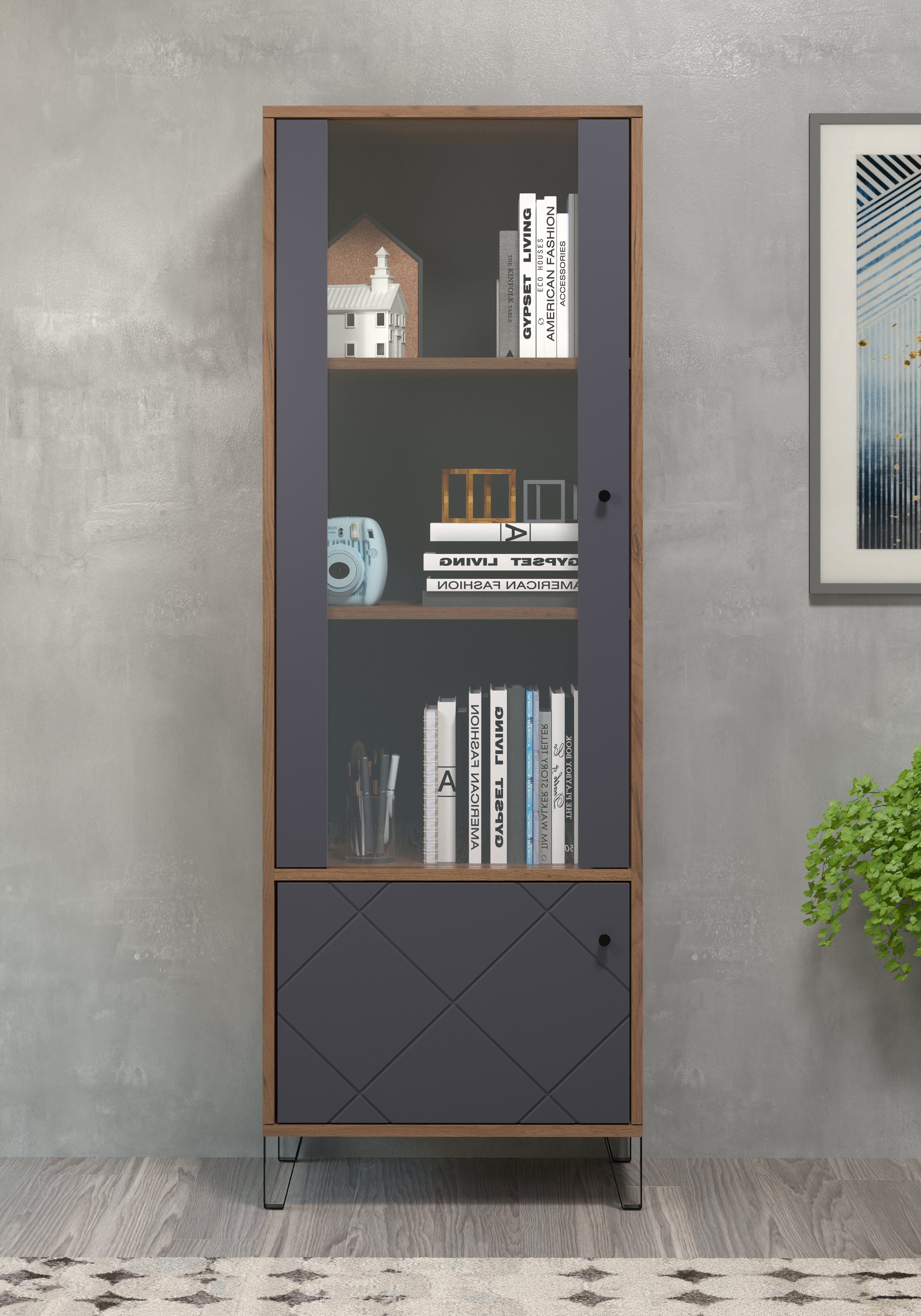 Places of Style Vitrinekast MOLVENO Woonkamer vitrine met voelbare grafiet vierkantlook - 63/40/172 cm (1 stuk)