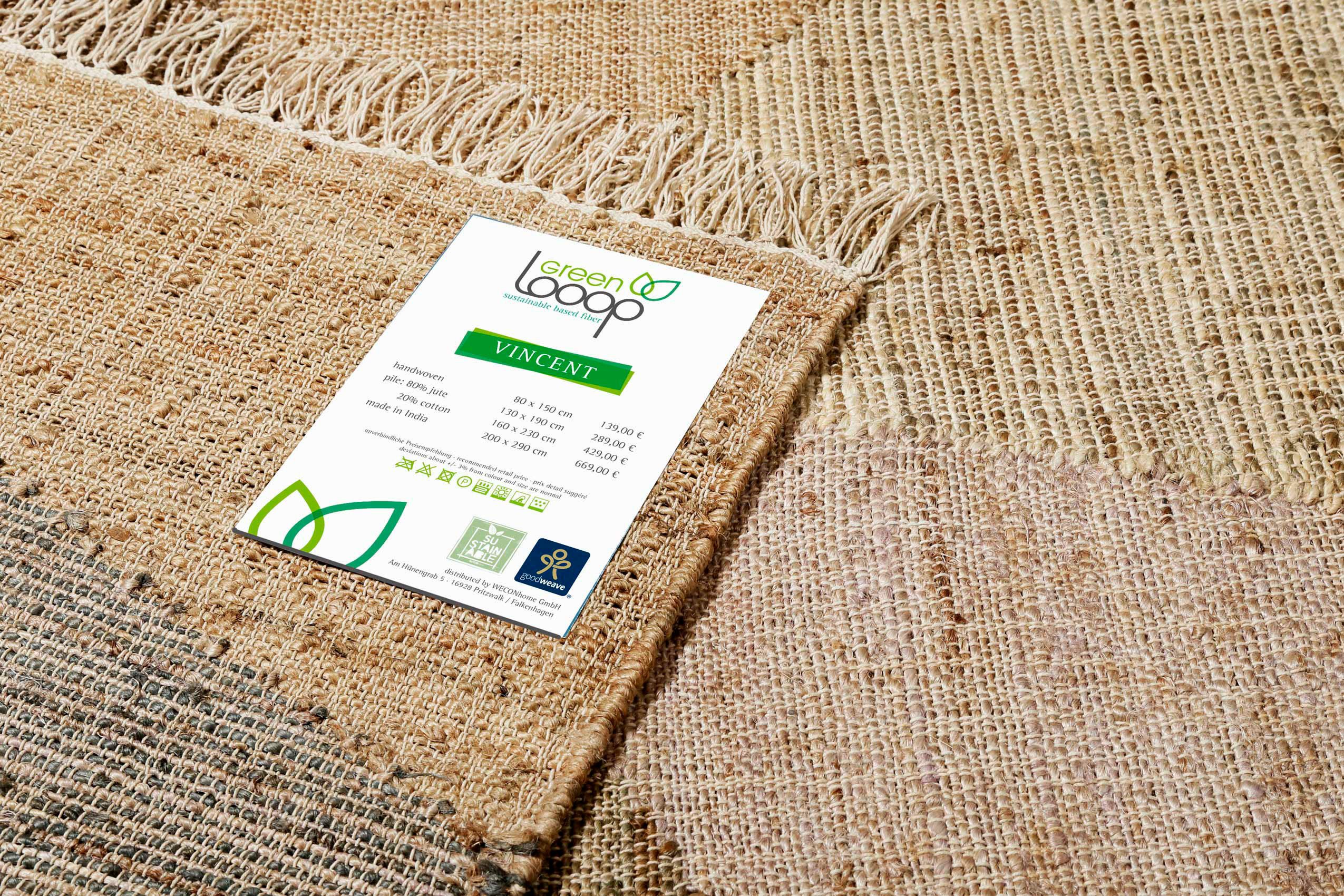 Green Looop Vloerkleed Vincent GL-82111 Natuurmateriaal vloerkleed van jute met katoen, met franje, woonkamer