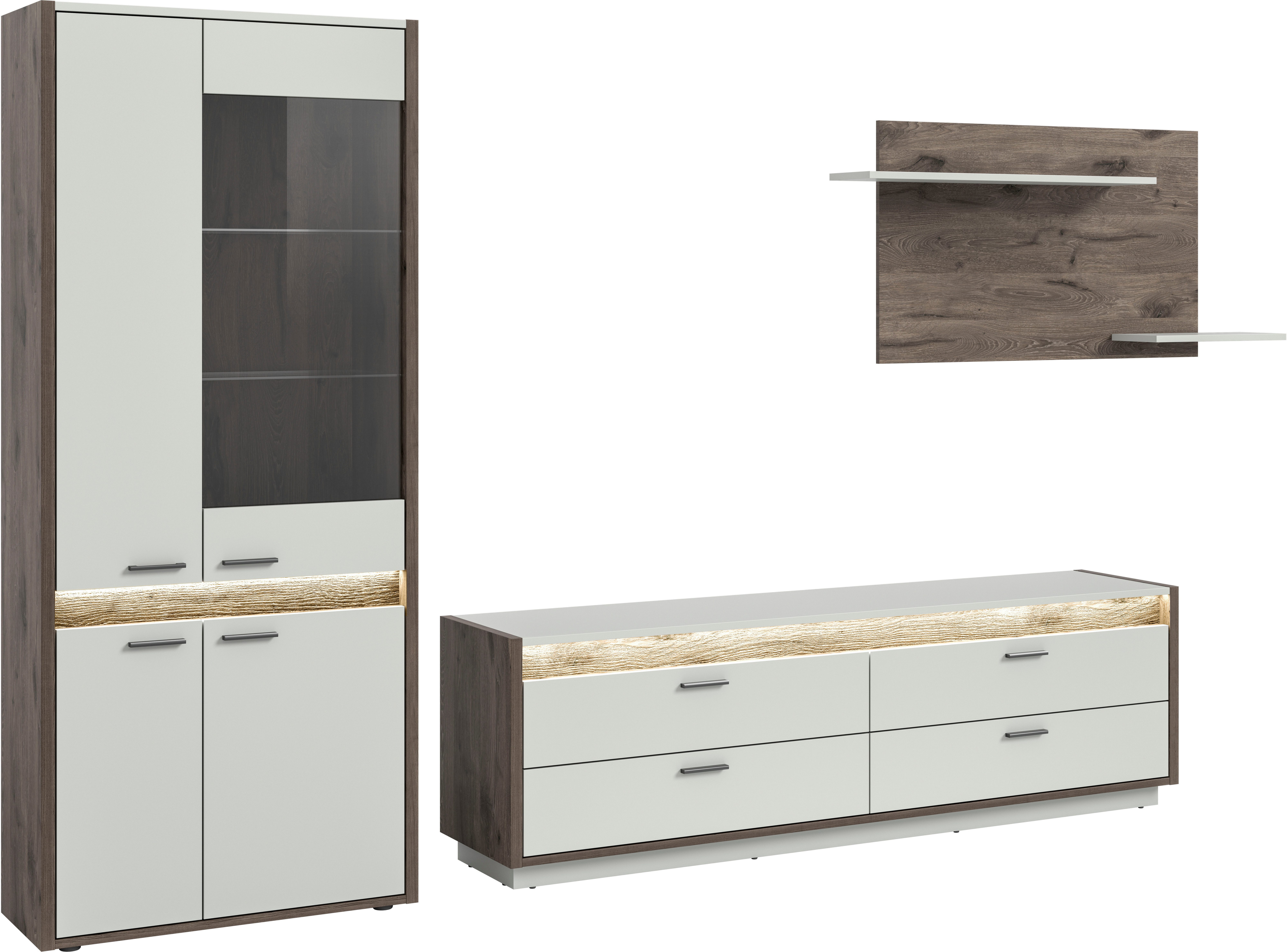 INOSIGN Wandmeubel Treviso, Breedte 299 cm, bestaand uit: 1x Vitrine, 1x Lowboard en (3-delig) tv-wandmeubels grijs