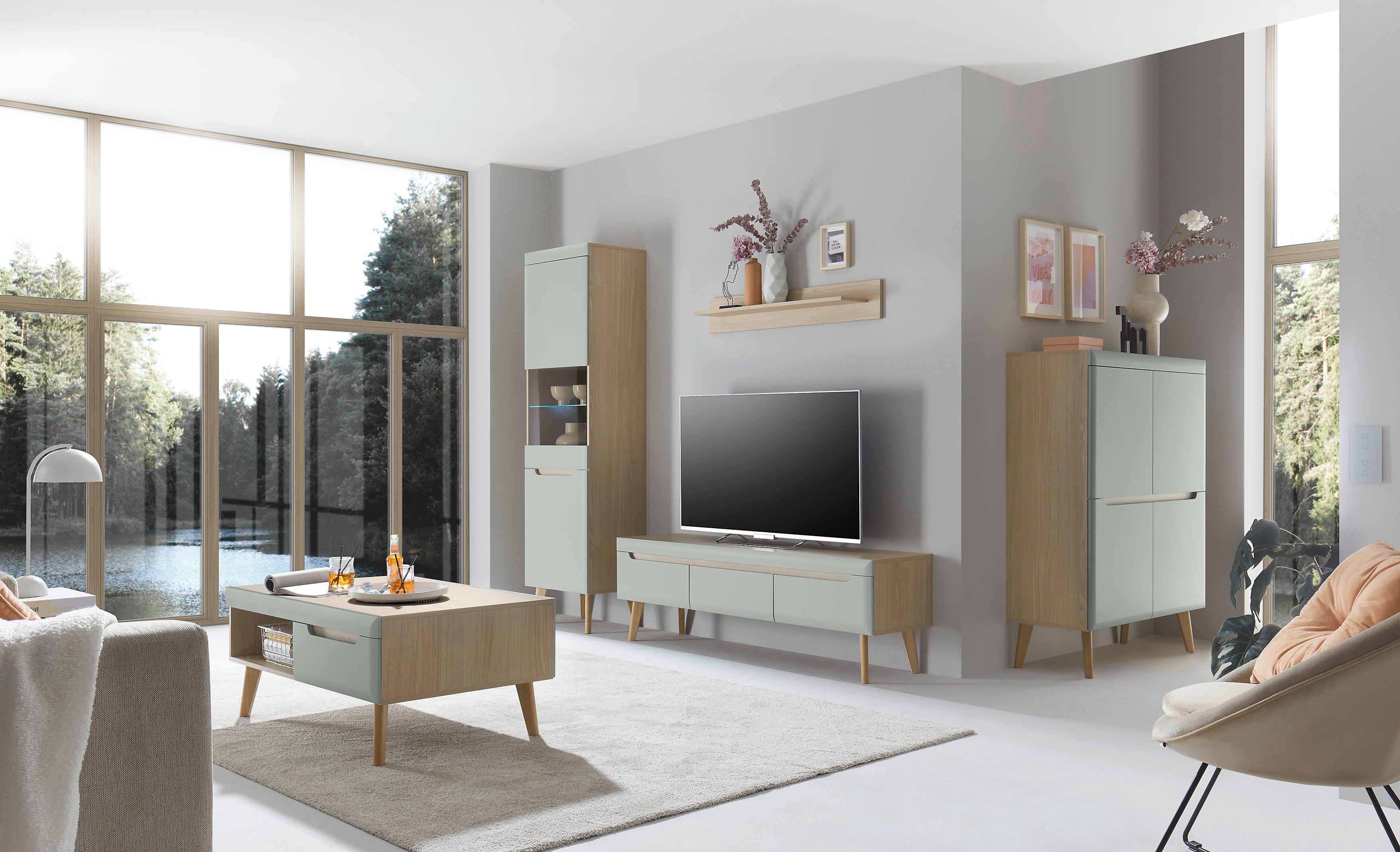 INOSIGN Wandmeubel Torge, wandmeubel, kastwand, mediawand, woonkamer-set bevat 1 vitrine, 1 lowboard, 1 highboard + 1 wandplank, 360 cm breed (set, 4-delig)