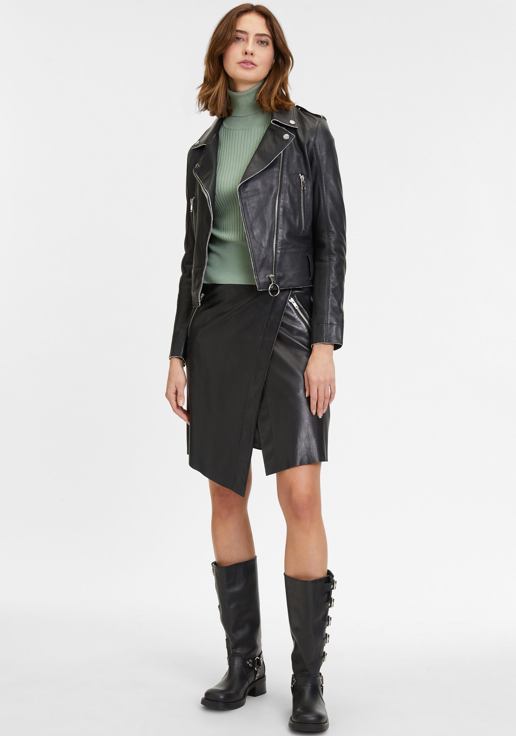 Mauritius Leren jack G2WCelin SF met asymmetrische rits, riem, ritssluiting details