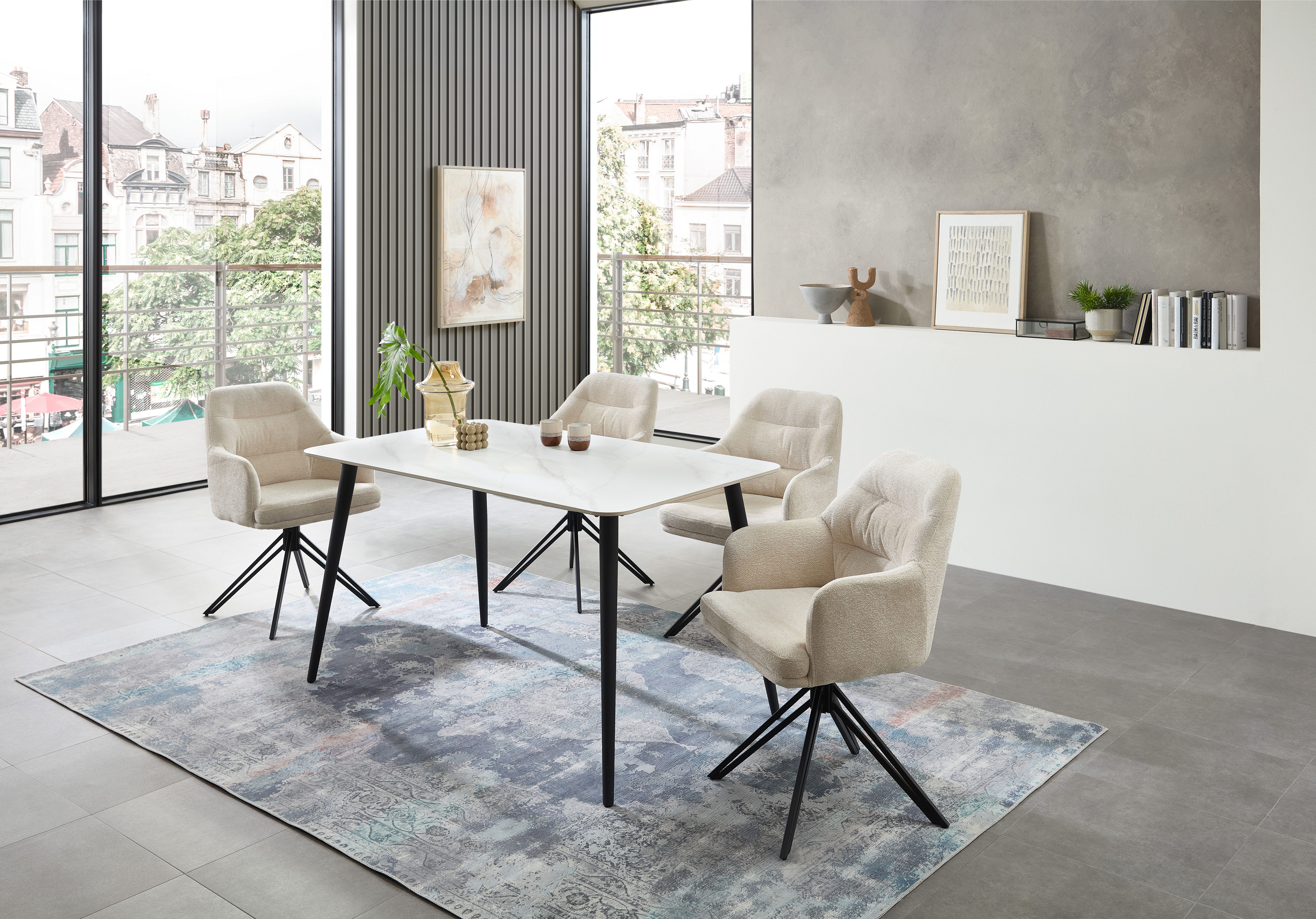 Stolkom Eettafel Cody eettafel keramiek, wit gemarmerd, BxHxD 140x76x80 cm Keramische oppervlakte wit gemarmerd, 4-poots frame mat zwart
