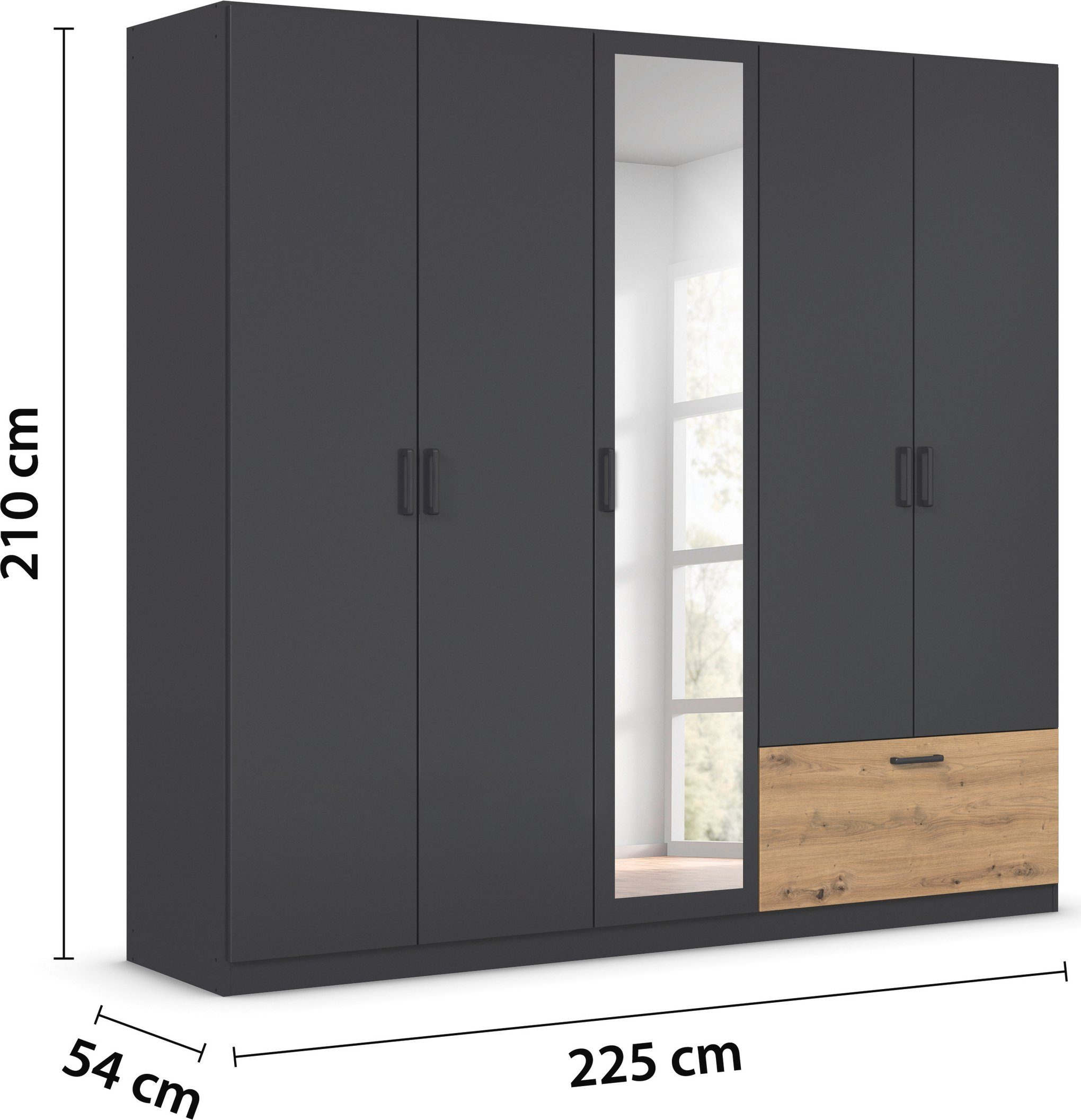 rauch Draaideurkast Kledingkast kast garderobe waskast BARI met spiegel met lades aan de buitenkant, moderne greep in grijs metallic made in germany