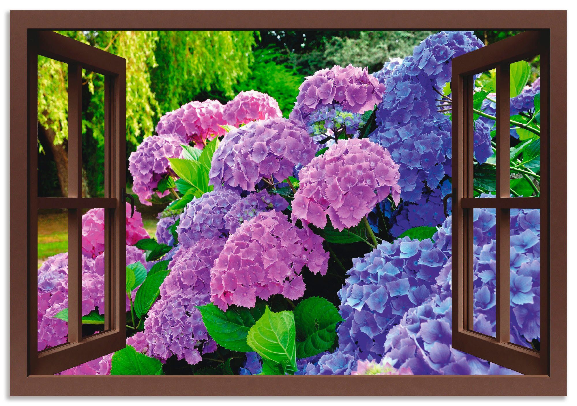 Artland Artprint Blik uit het venster - hortensia's in de tuin in vele afmetingen & productsoorten - artprint van aluminium / artprint voor buiten, artprint op linnen, poster, muur