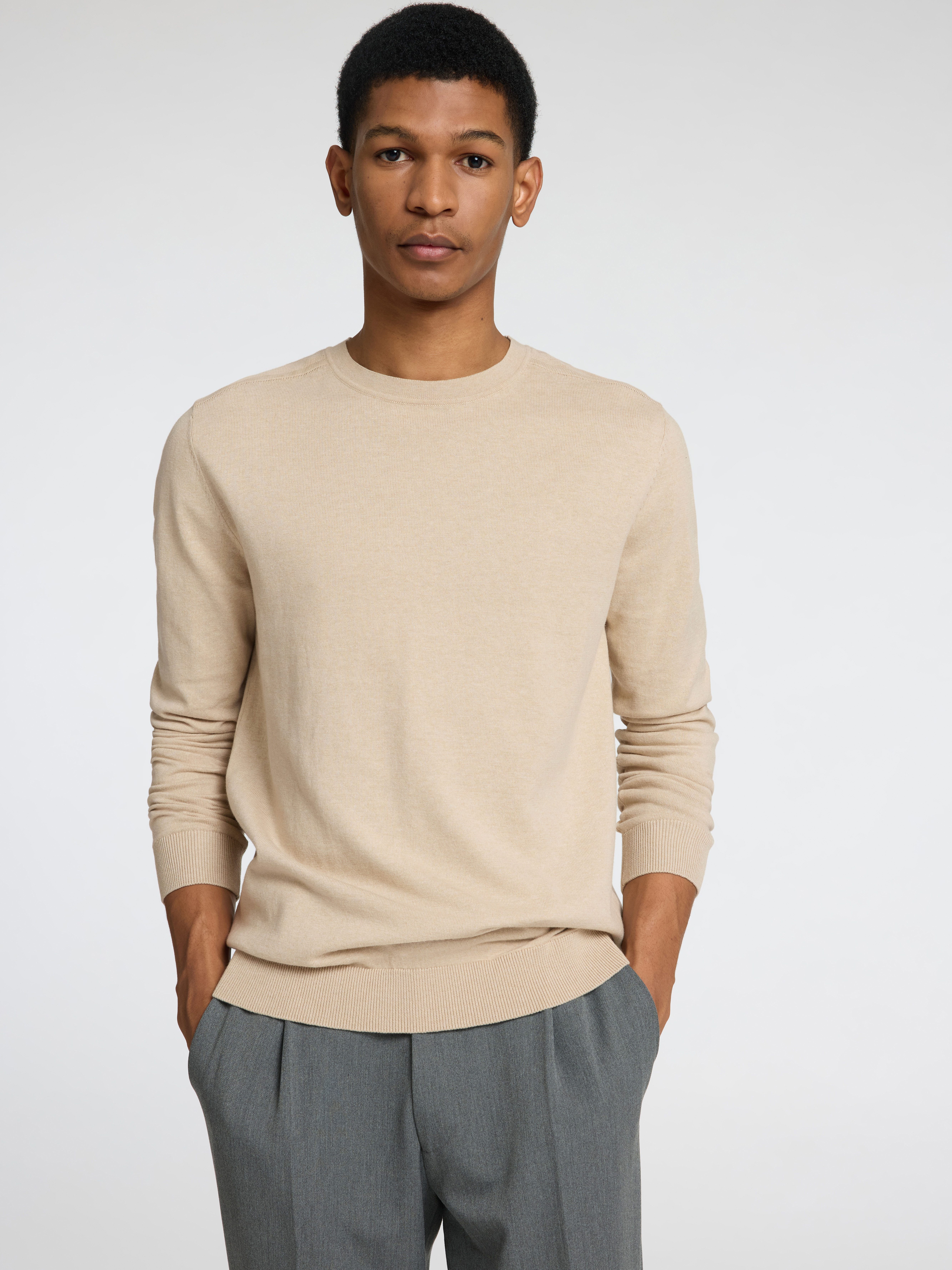 SELECTED HOMME Gebreide trui SLHBERG CREW NECK NOOS heren pullovers maat S beige
