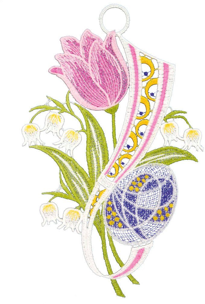 W. Reuter & Sohn - Plauener Spitze® Vensterbeeld Raamdecoratie "tulp en ei" in kleur