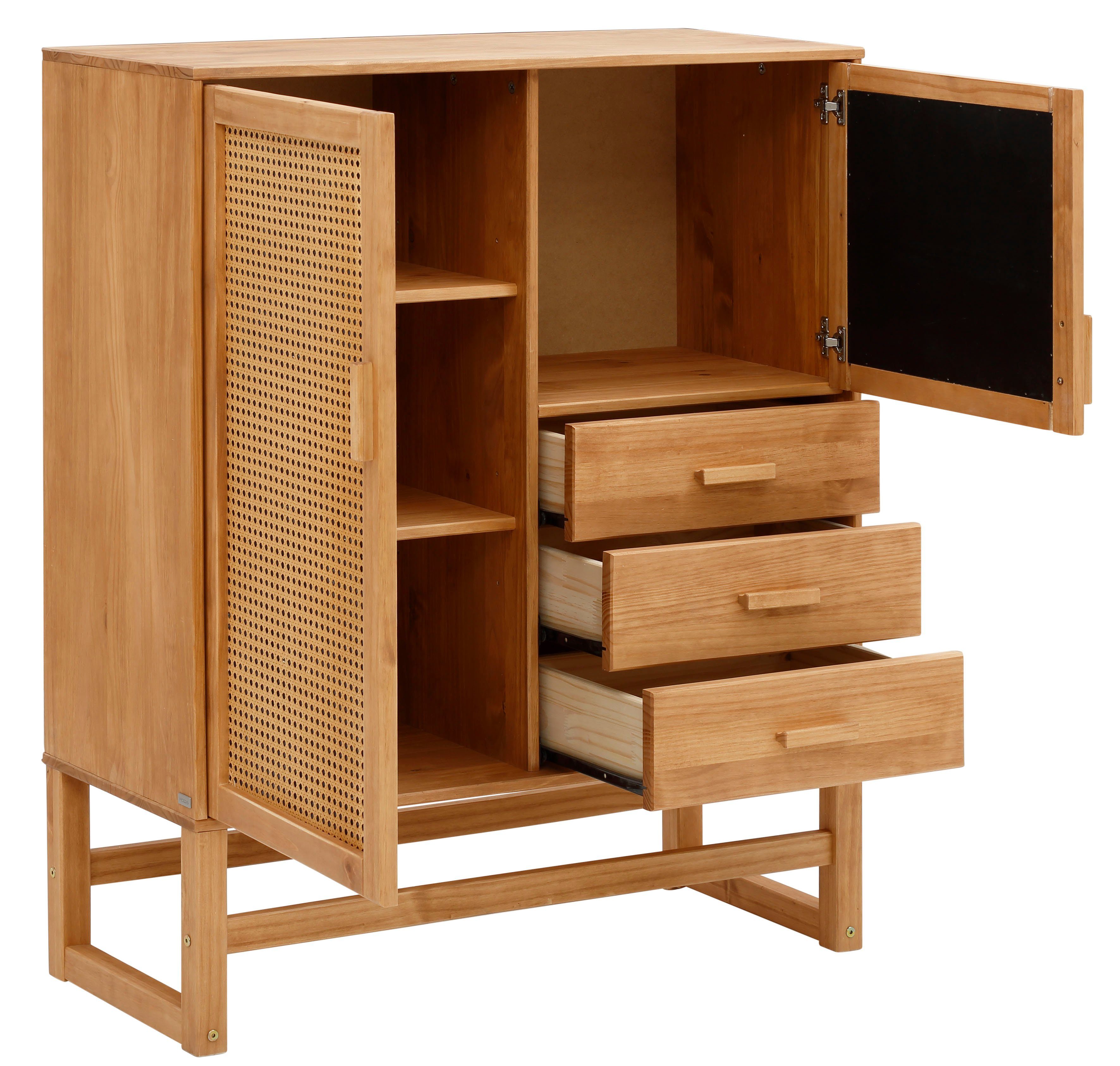 Home affaire Highboard Linz Opbergkast met rotan vlechtwerk op de deurfronten, massief hout