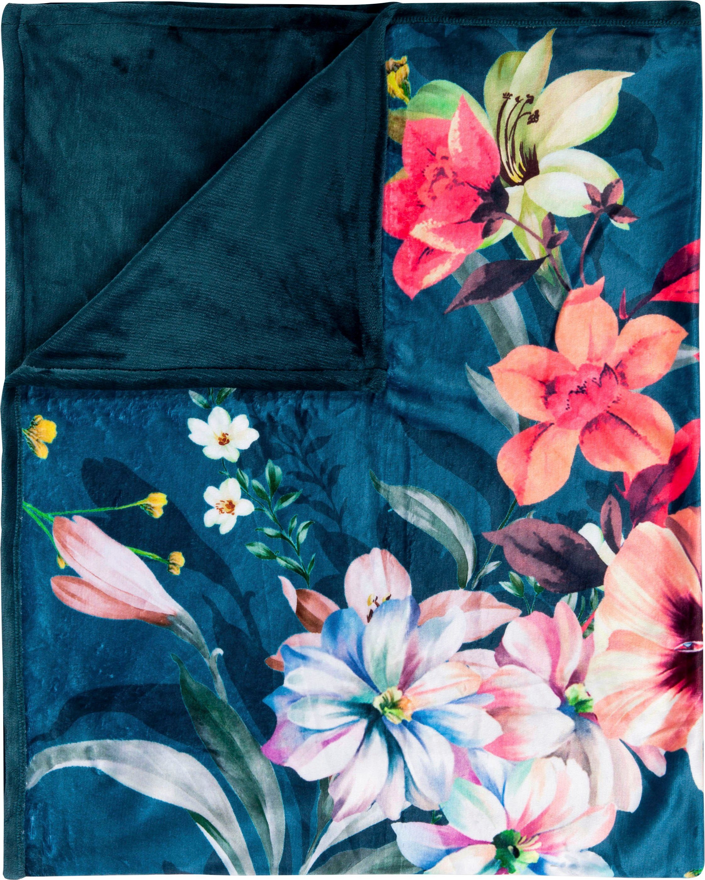 Descanso Plaid NOVARA Zeer zacht, knuffeldeken, 130x160 cm, omkeerbaar, bloemen, grijs