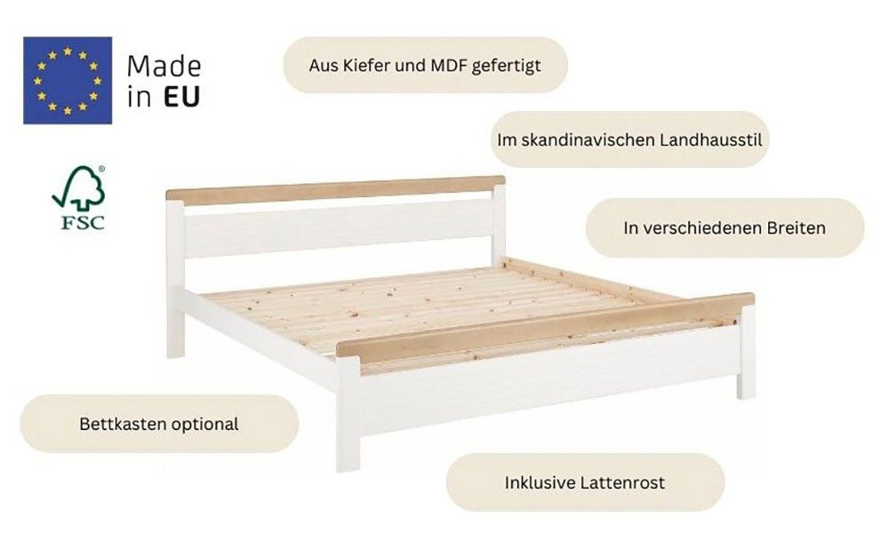 Home affaire Massief houten ledikant "CAPRE" in Scandinavische landhuisstijl in verschillende breedtes verkrijgbaar, gecertificeerd massief hout, latten look