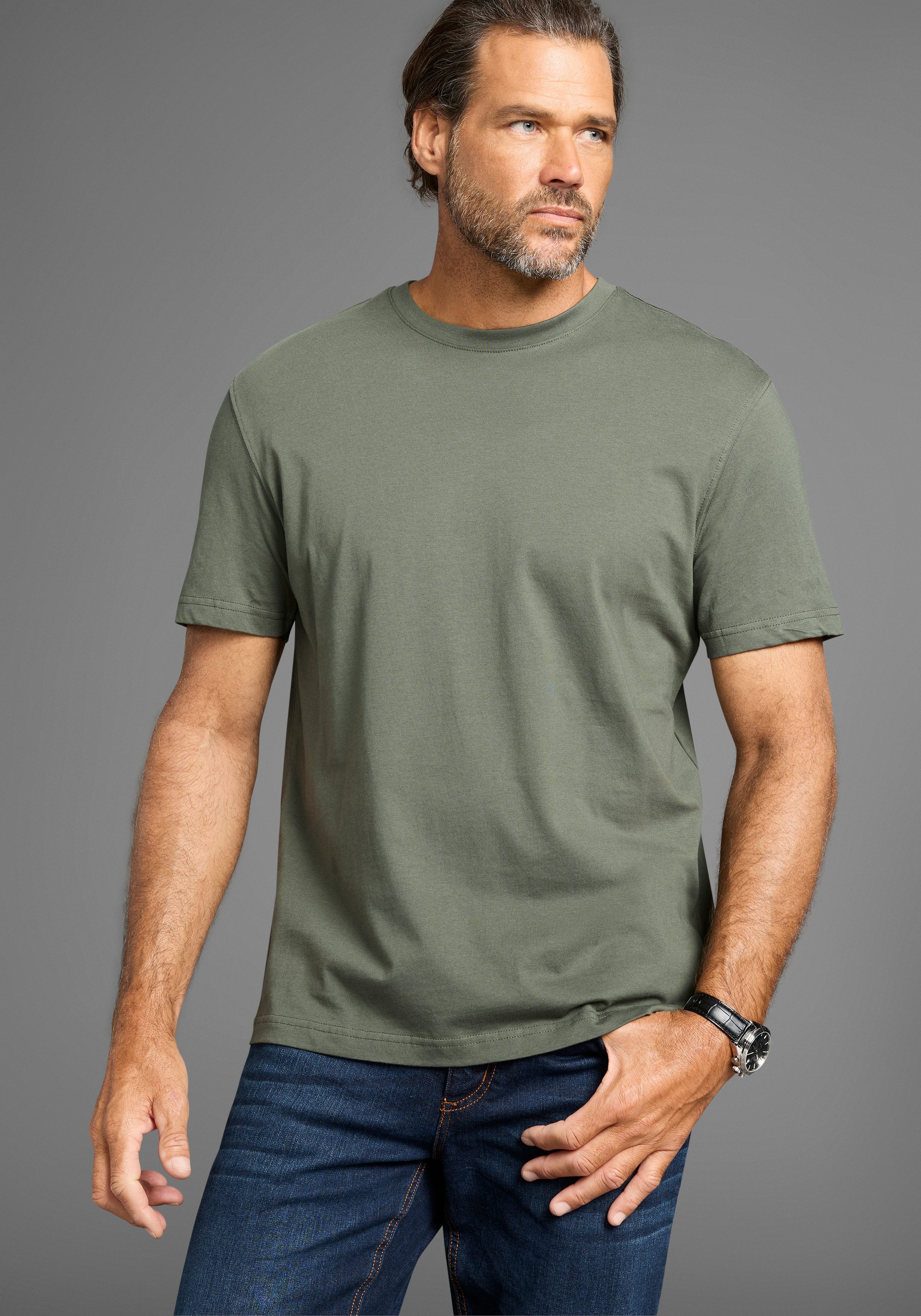 Man's World Shirt met ronde hals Korte mouwen, regular fit, effen, ronde hals, van katoen (5-delig, Set van 5)