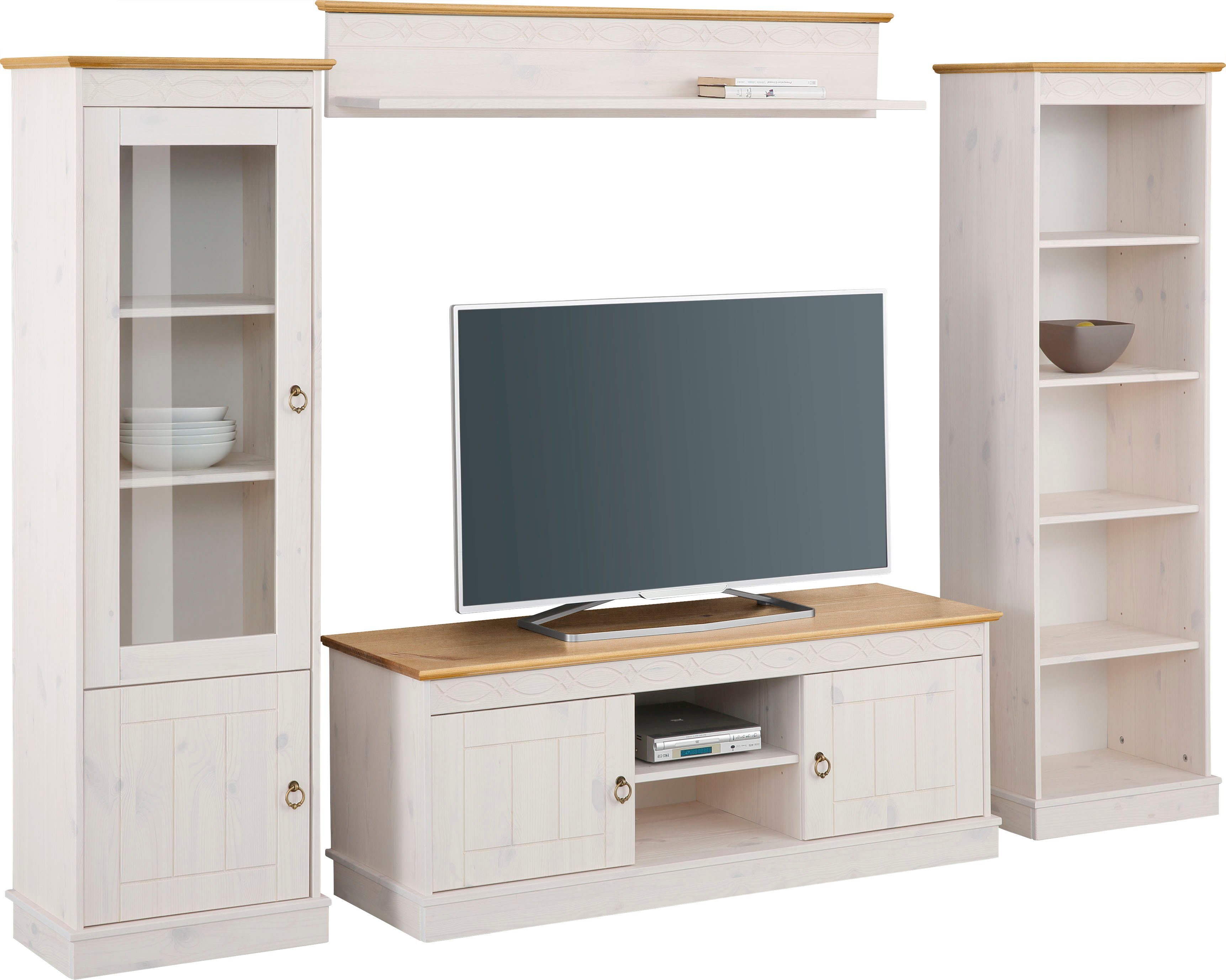 Home affaire Wandmeubel Indra 4-delig set: vitrinekast, lowboard, wand- & staande plank, massief dennenhout (set, 4-delig) tv-wandmeubels wit