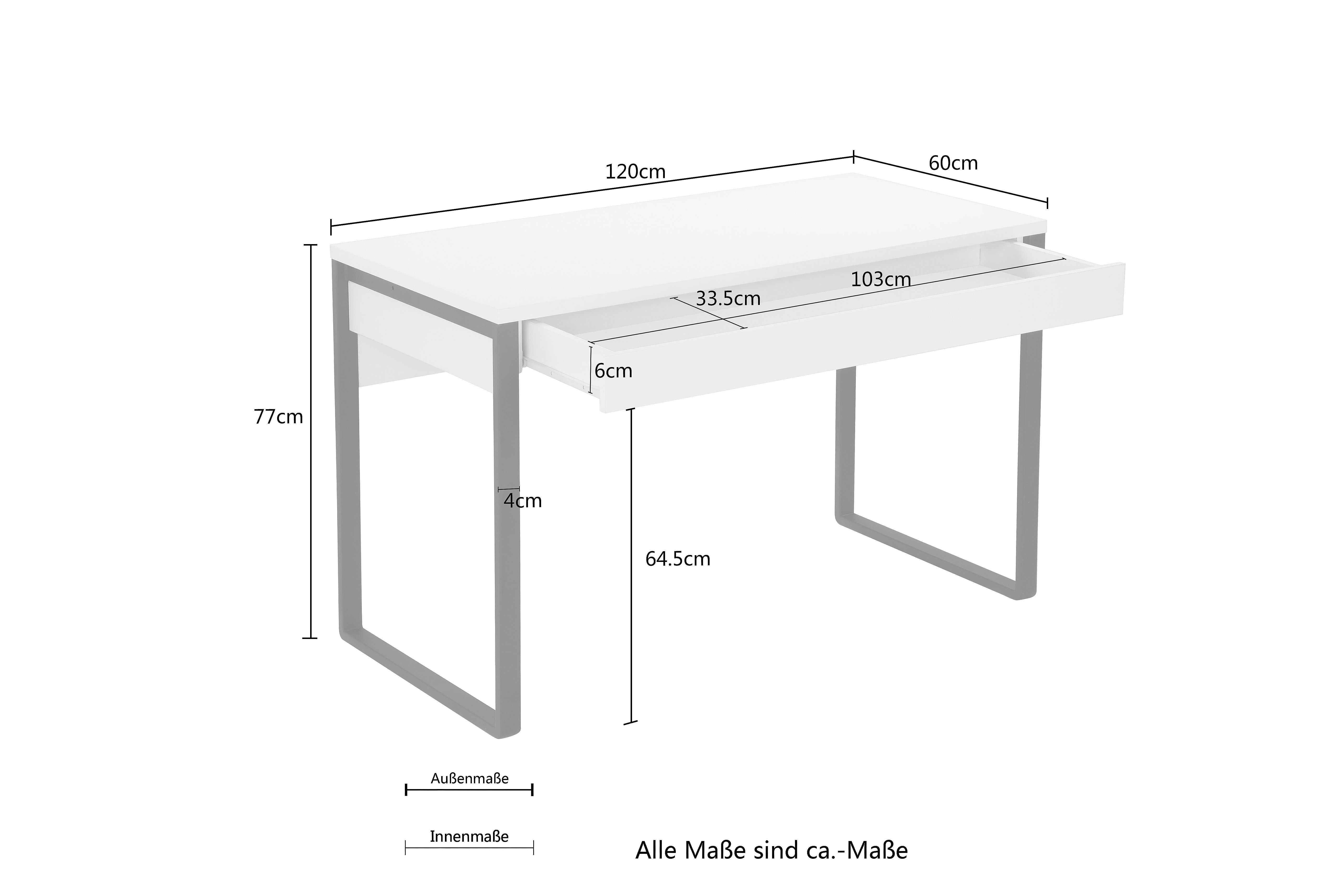 Places of Style Bureau Moid, Computertafel in modern design, Breedte 120/140/160 cm, met metalen poten & lade