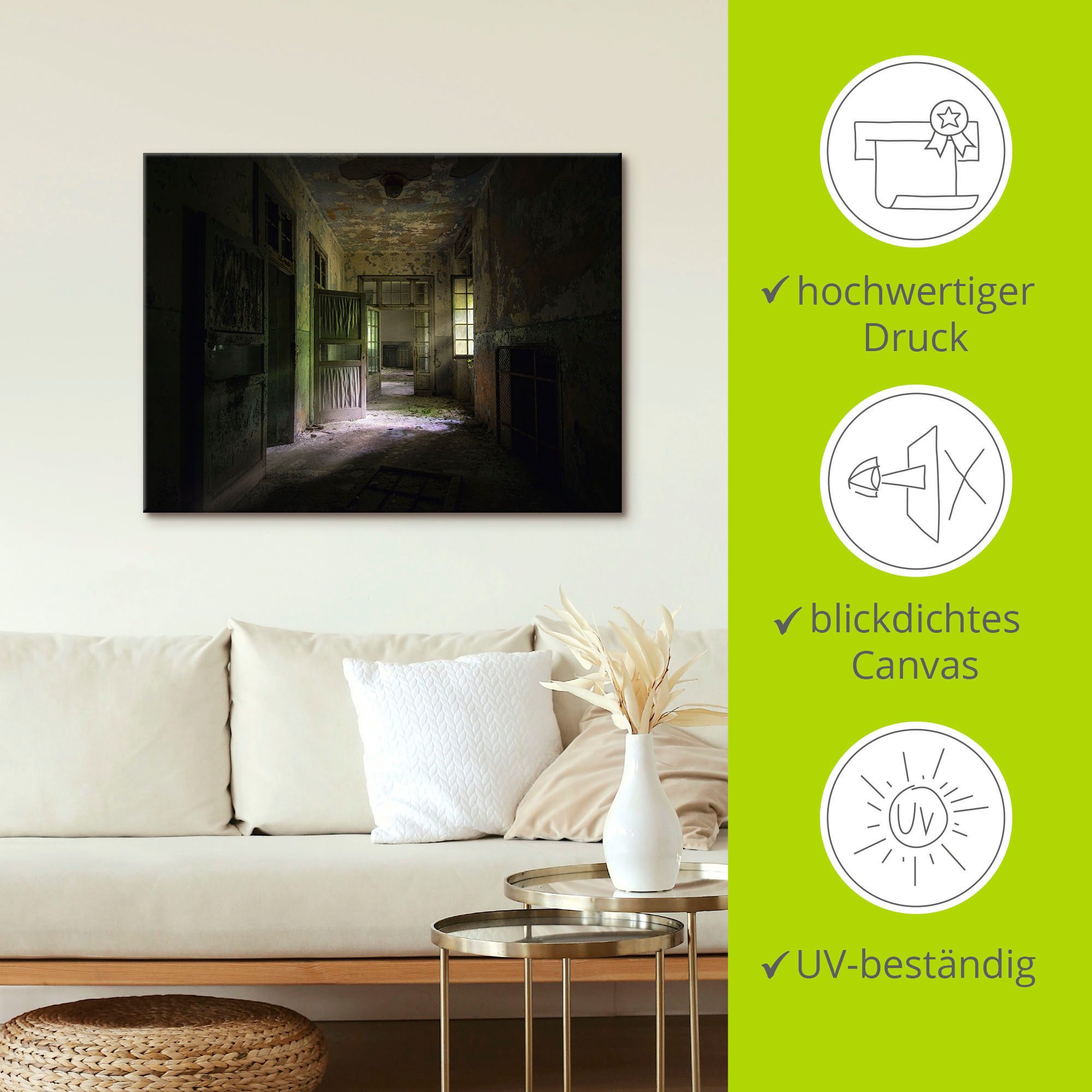 Artland Artprint Lost Place naargeestige hal deuren gang als artprint van aluminium, artprint voor buiten, artprint op linnen, poster in verschillende maten. maten