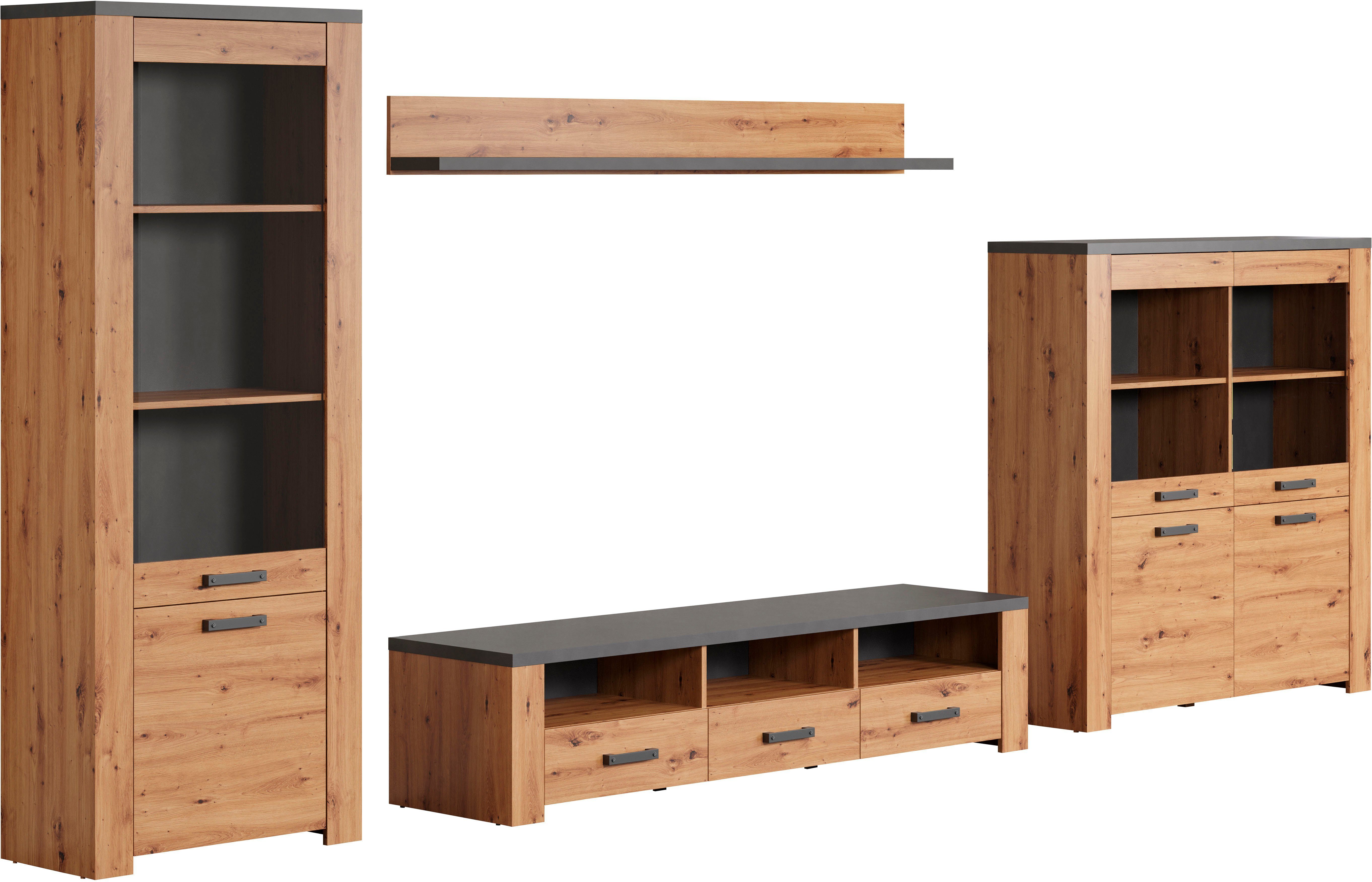 Home affaire Tv-wandmeubel Ambres Moderne tv-set, echt-hout-look, breedte ca. 409 cm, mat (4-delig)