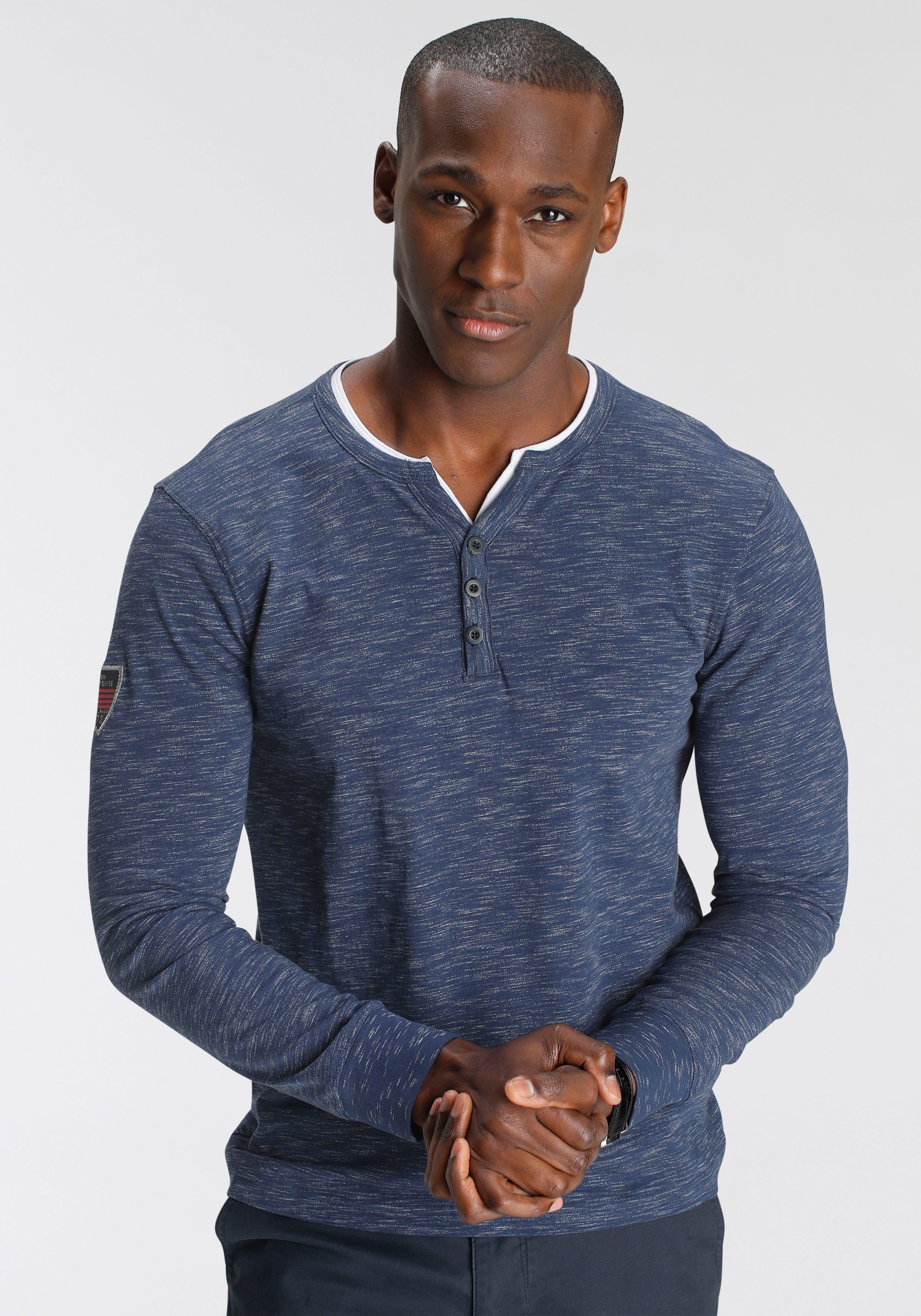 DELMAO Henleyshirt Lange mouwen, gemêleerde look, henleykraag, van katoenmix