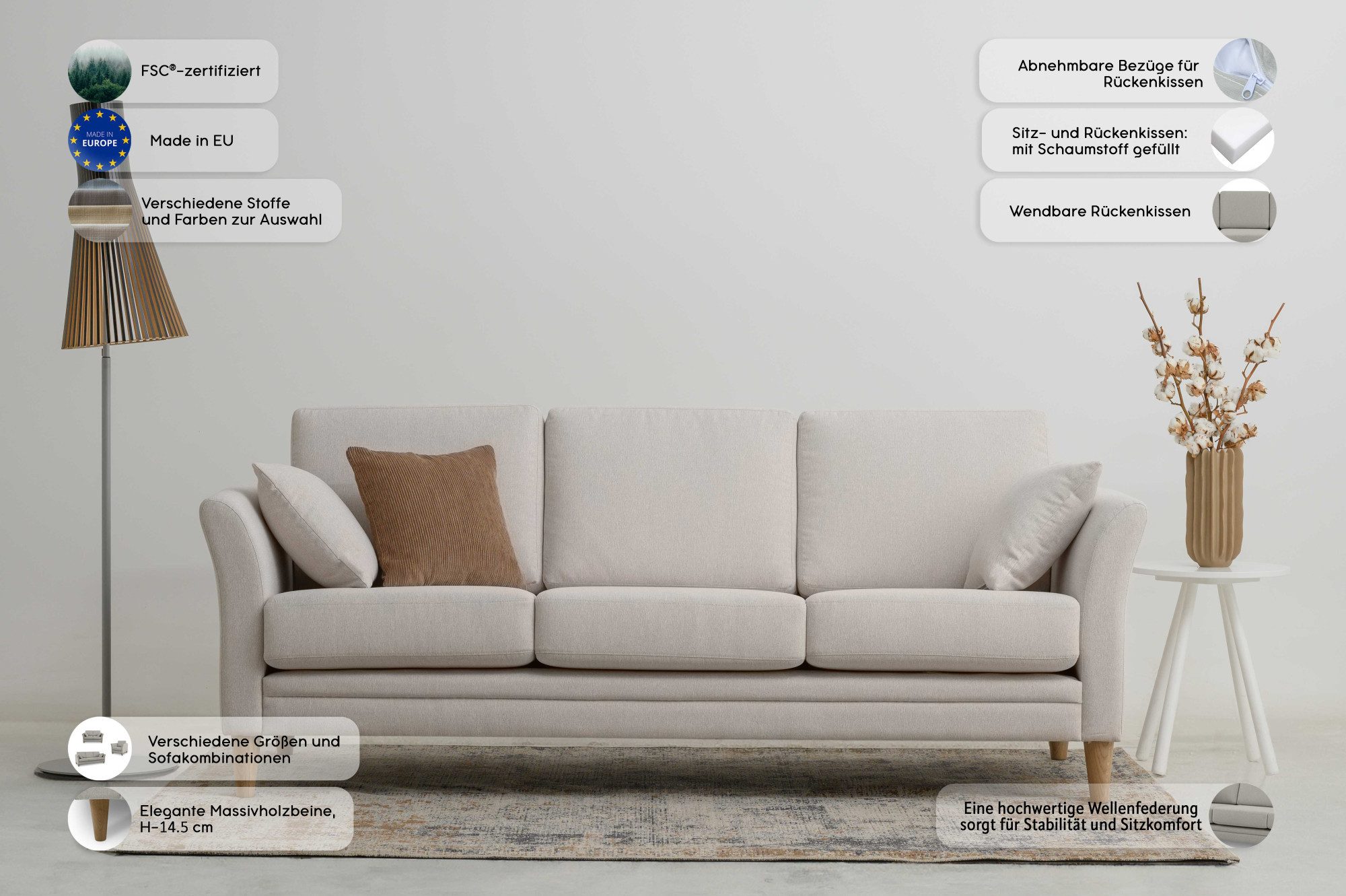 Home affaire 3-zitsbank Arellano, breedte 217 cm klassiek ontwerp, 2 sierkussens inbegrepen, fijn geweven stof