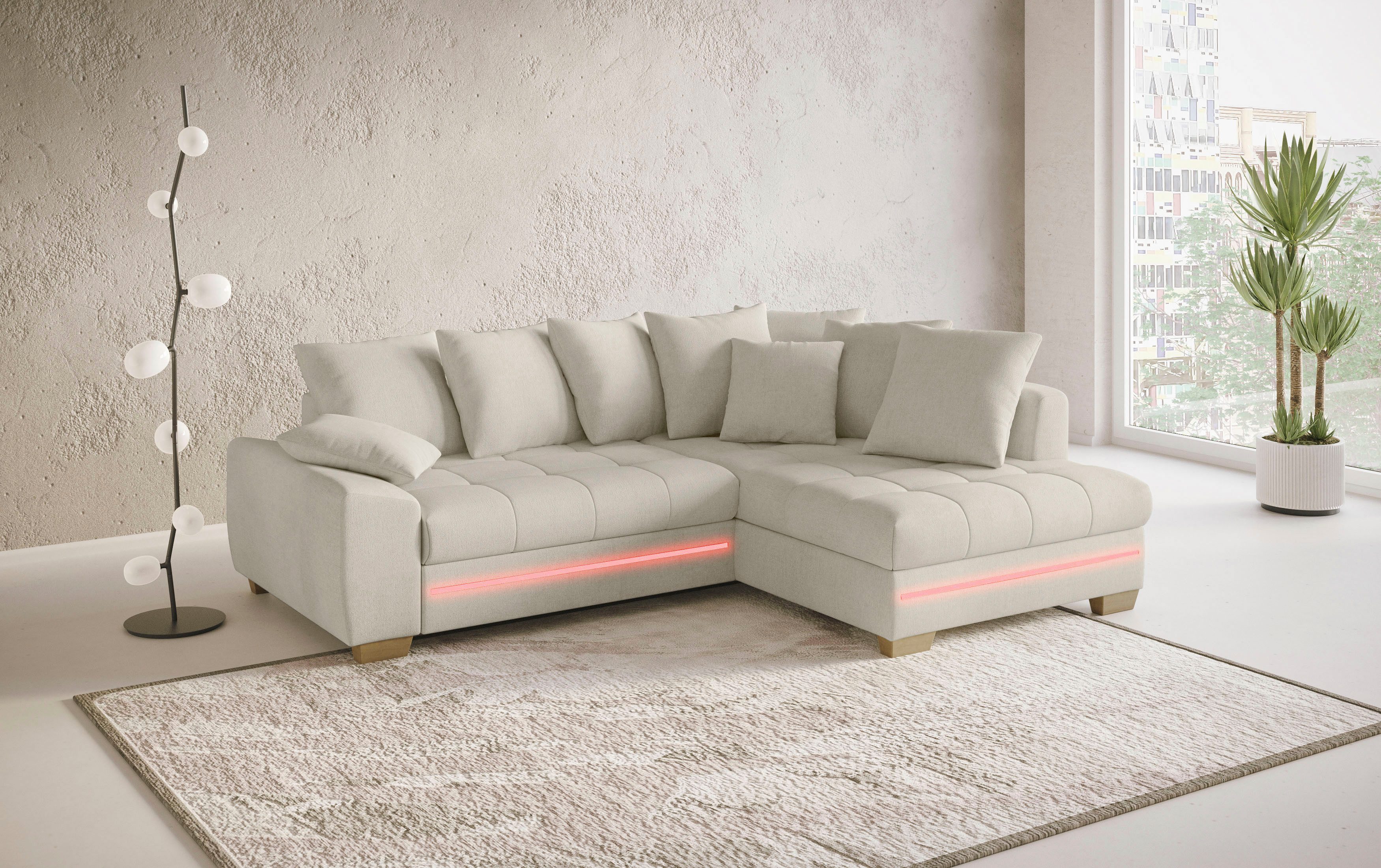 Mr. Couch Hoekbank Nikita II, L-vorm met koudschuim, rgb-led-verlichting, optioneel met bed, bedlade