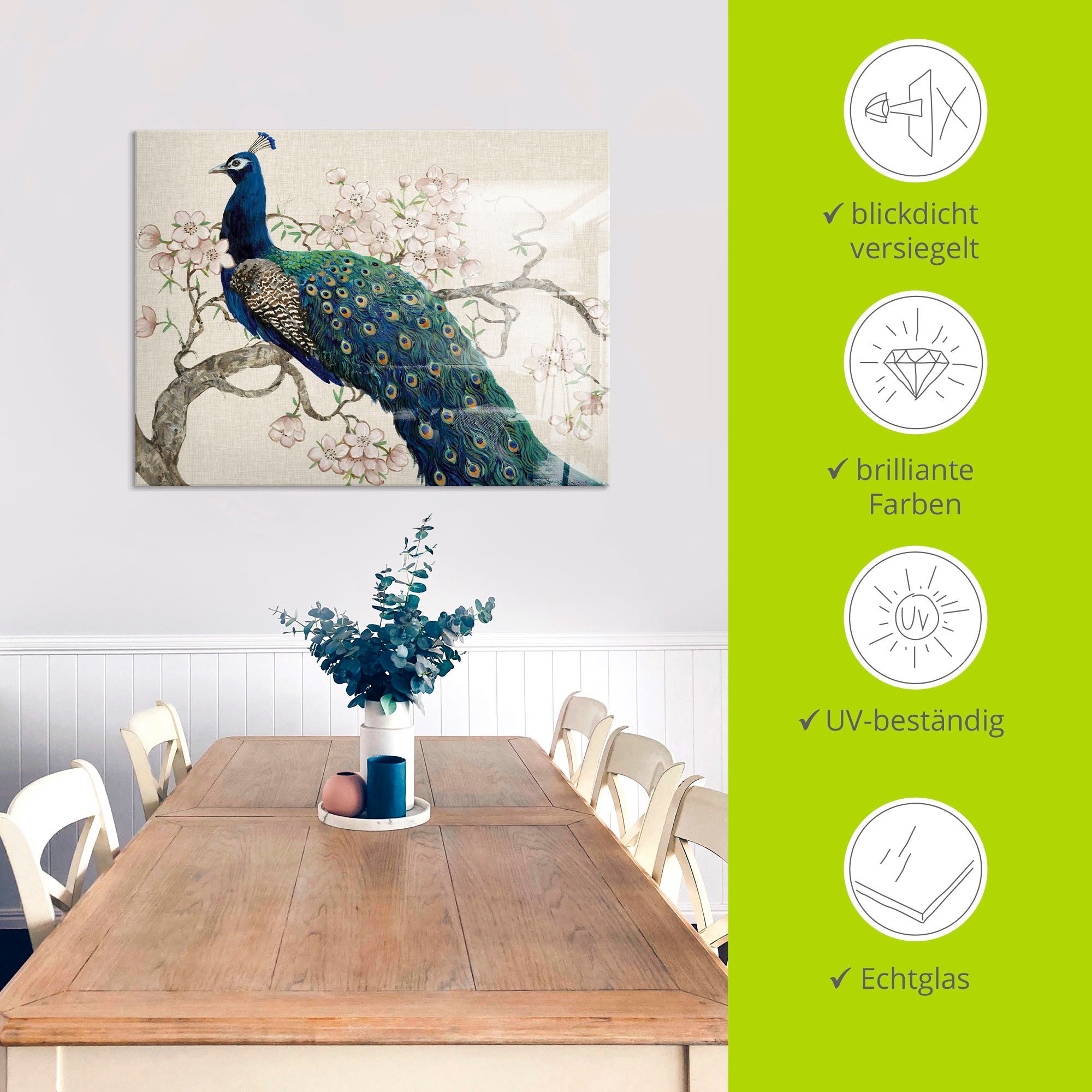 Artland Print op glas Pauw & bloemen II in verschillende maten