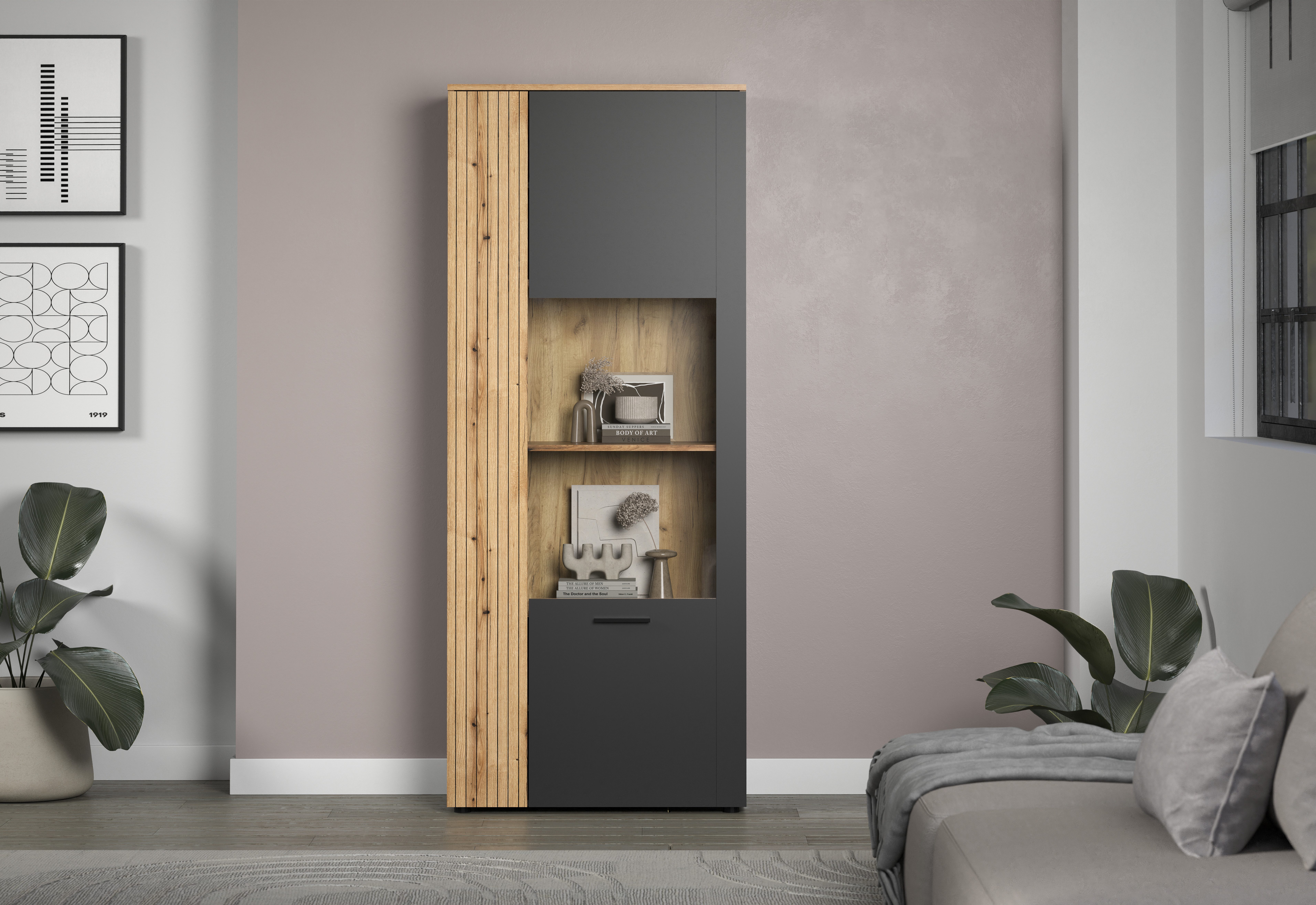 INOSIGN Staande vitrinekast Estepona Royale vitrine met natuurlijke ribbellook - (B/D/H) 80/42/195 cm (1 stuk)