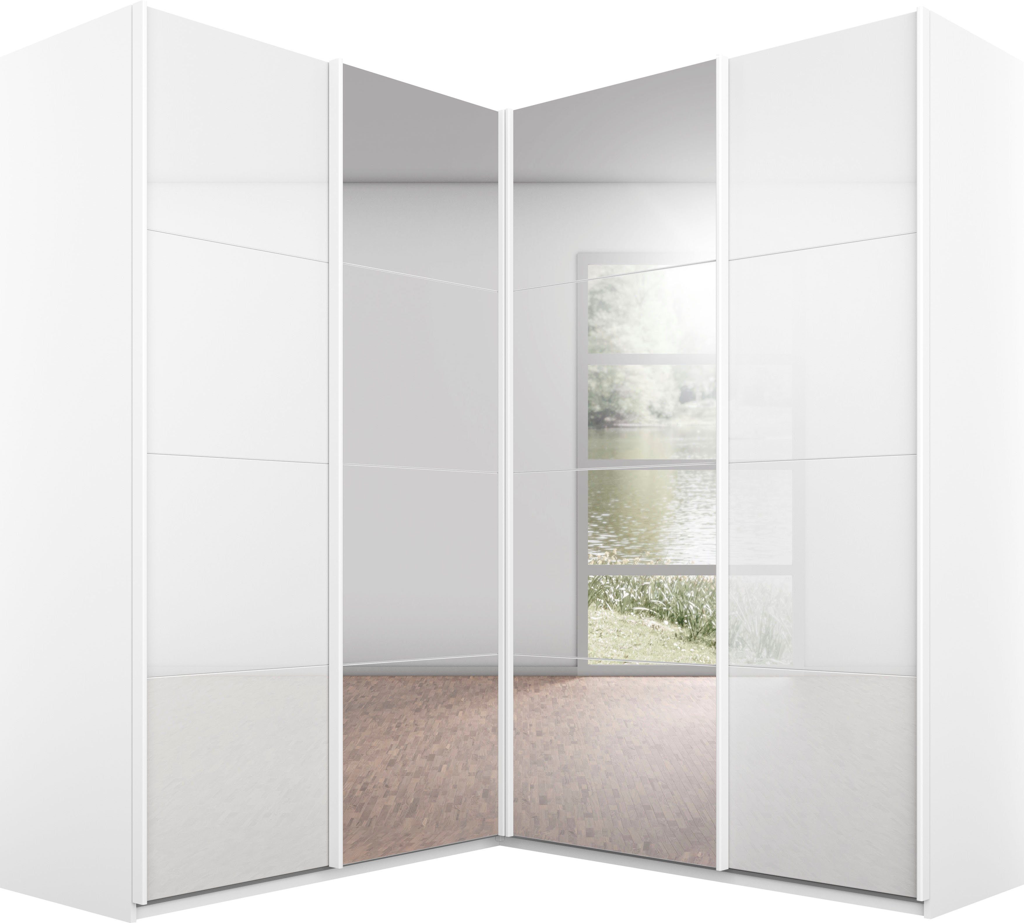 rauch zweefdeurkast quadra hoekkast inclusief deurdemper, met glas--spiegeldeuren wit