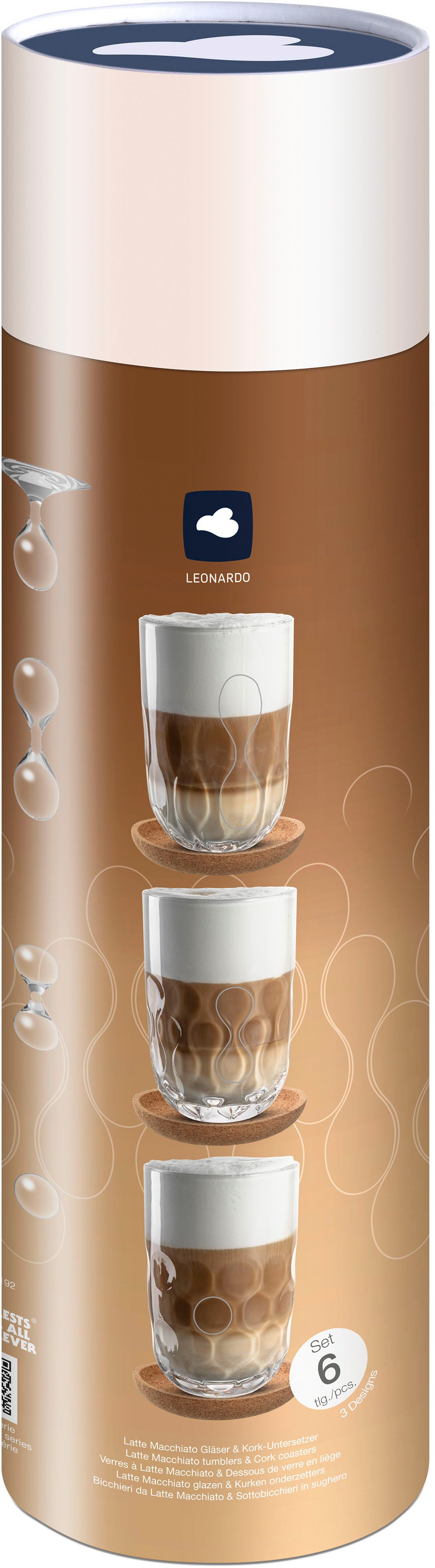LEONARDO Glazenset Latte macchiato set GOCCE, 380 ml, 6-delig 3 glazen met verschillend druppelreliëf, incl. kurken onderzetters (set)