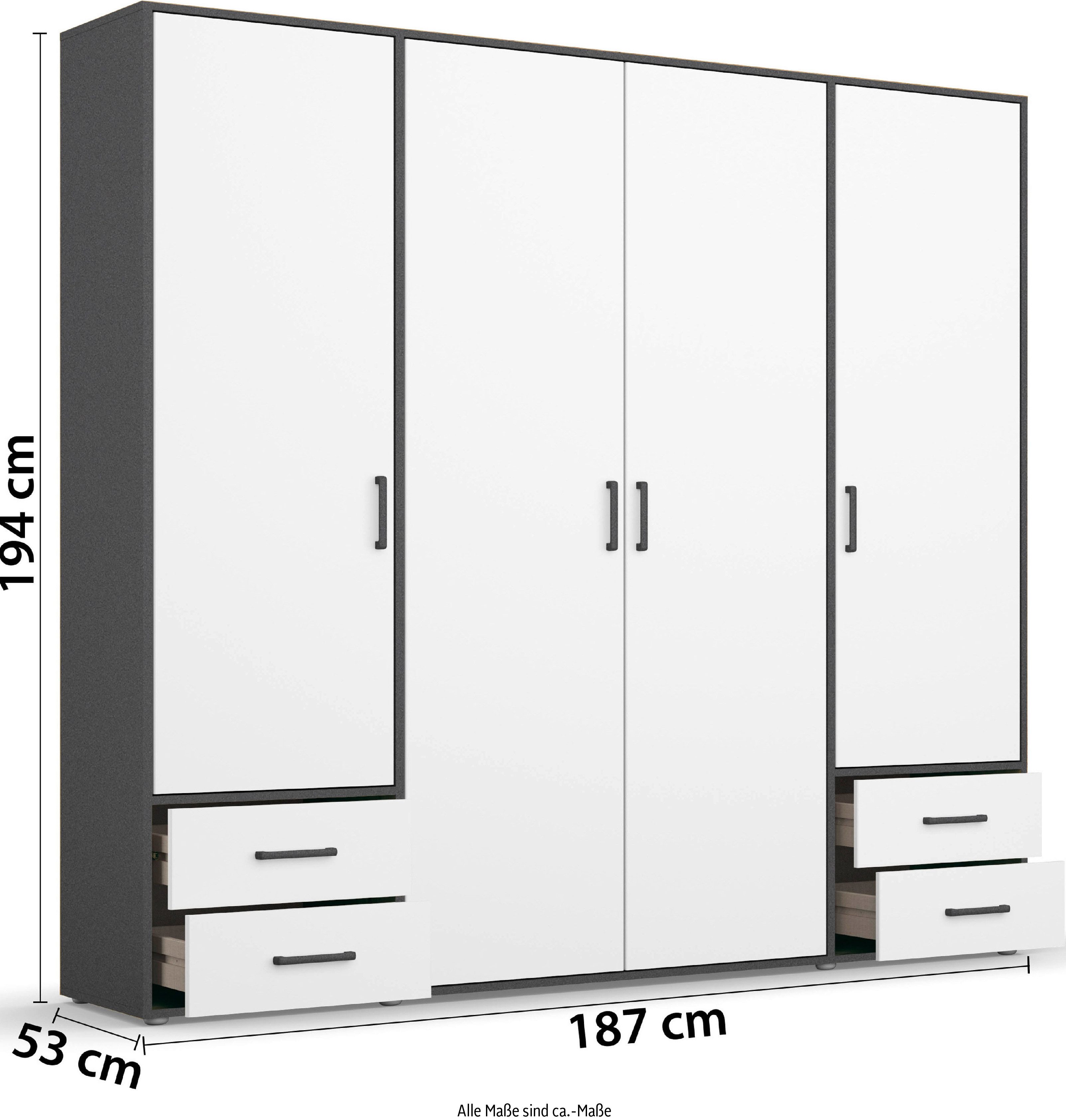 rauch Draaideurkast Kledingkast kast garderobe linnenkast VOYAGER moderne grepen in grijs metallic met buitenlades made in germany