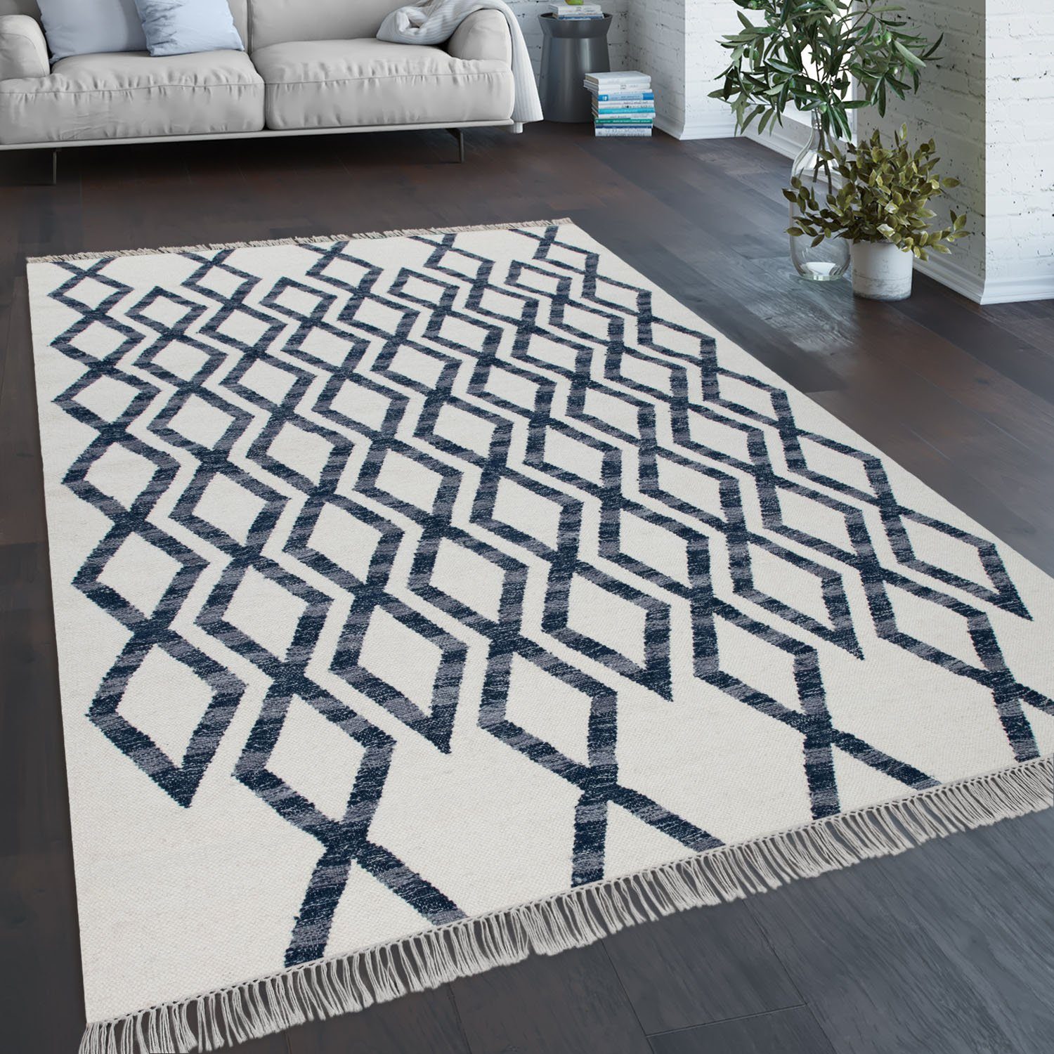 Paco Home Wollen kleed Kenitra 502 Platweefsel, zuivere wol, met de hand geweven, geruit design, met franje