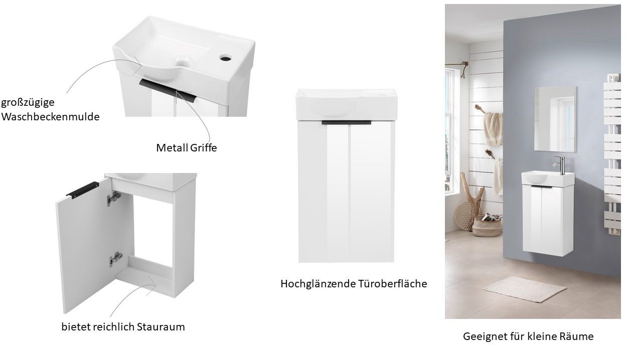 welltime Badmeubelset Sienna gastbad ruimtebesparend Meubelset badkamer, 3-delig, hoogglans 41 cm, wit, softclose(complete set, 3 stuks)