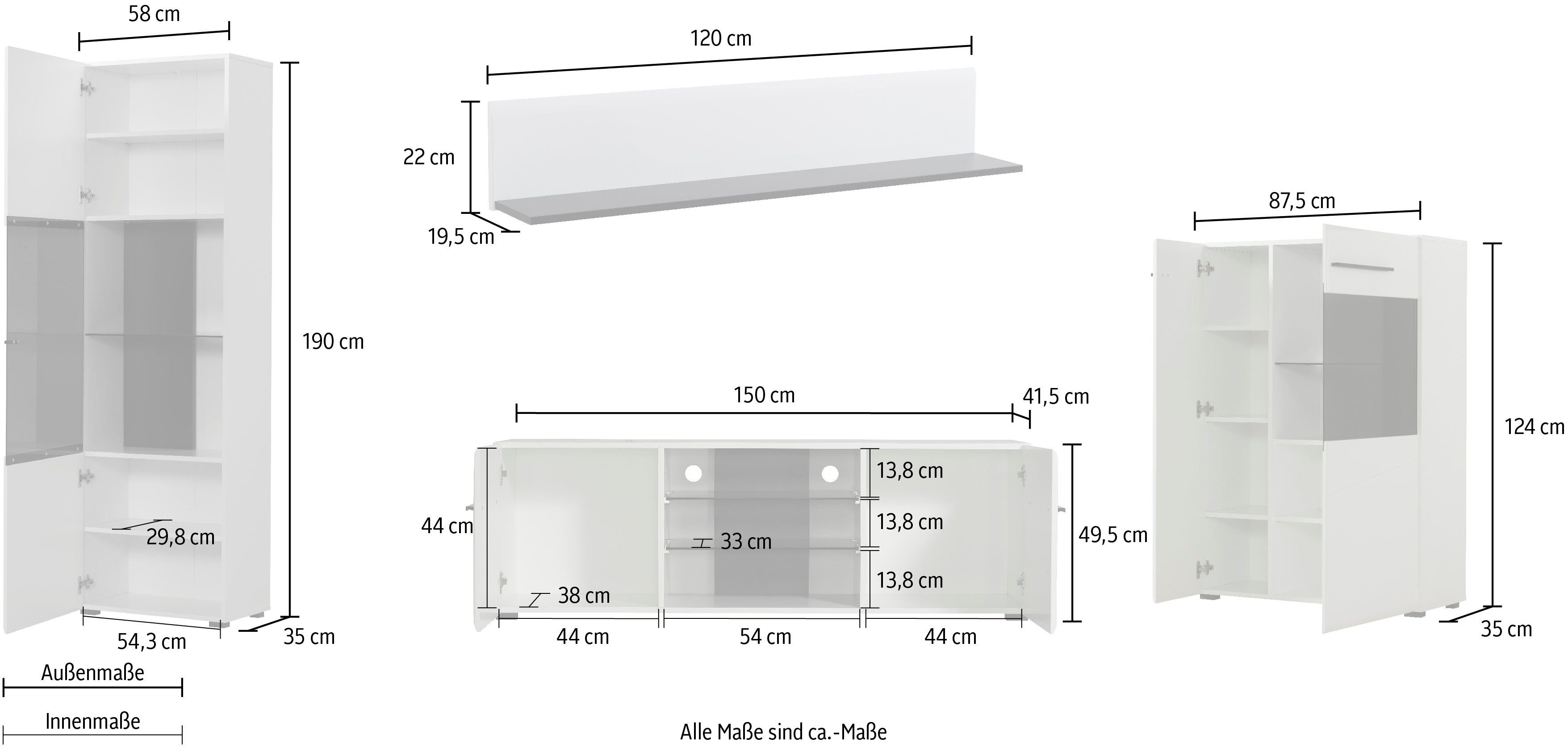 INOSIGN Wandmeubel Trentino Inclusief vitrinekast, lowboard, highboard en wandplank (set, 4-delig)