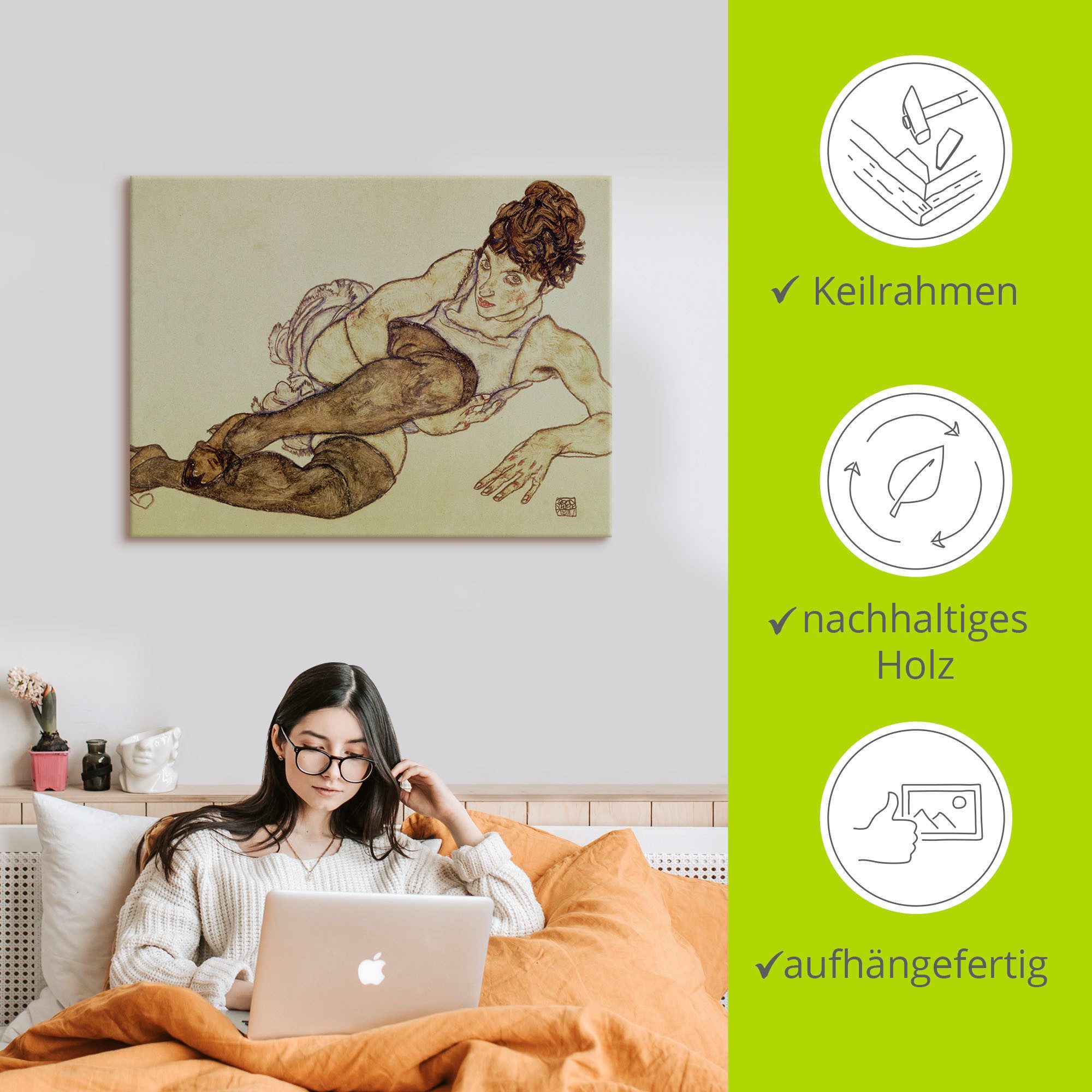 Artland Artprint Liggende mevrouw met groene kousen. 1917 als artprint op linnen in verschillende maten