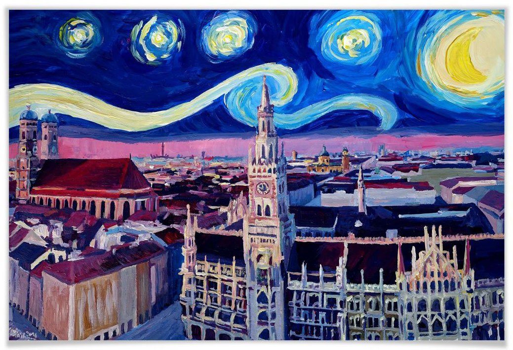 Wall-Art Poster Van Gogh stijl München bij nacht Poster, artprint, wandposter (1 stuk)