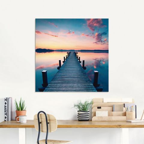 Artland print op glas Langer Pier am See im Sonnenaufgang
