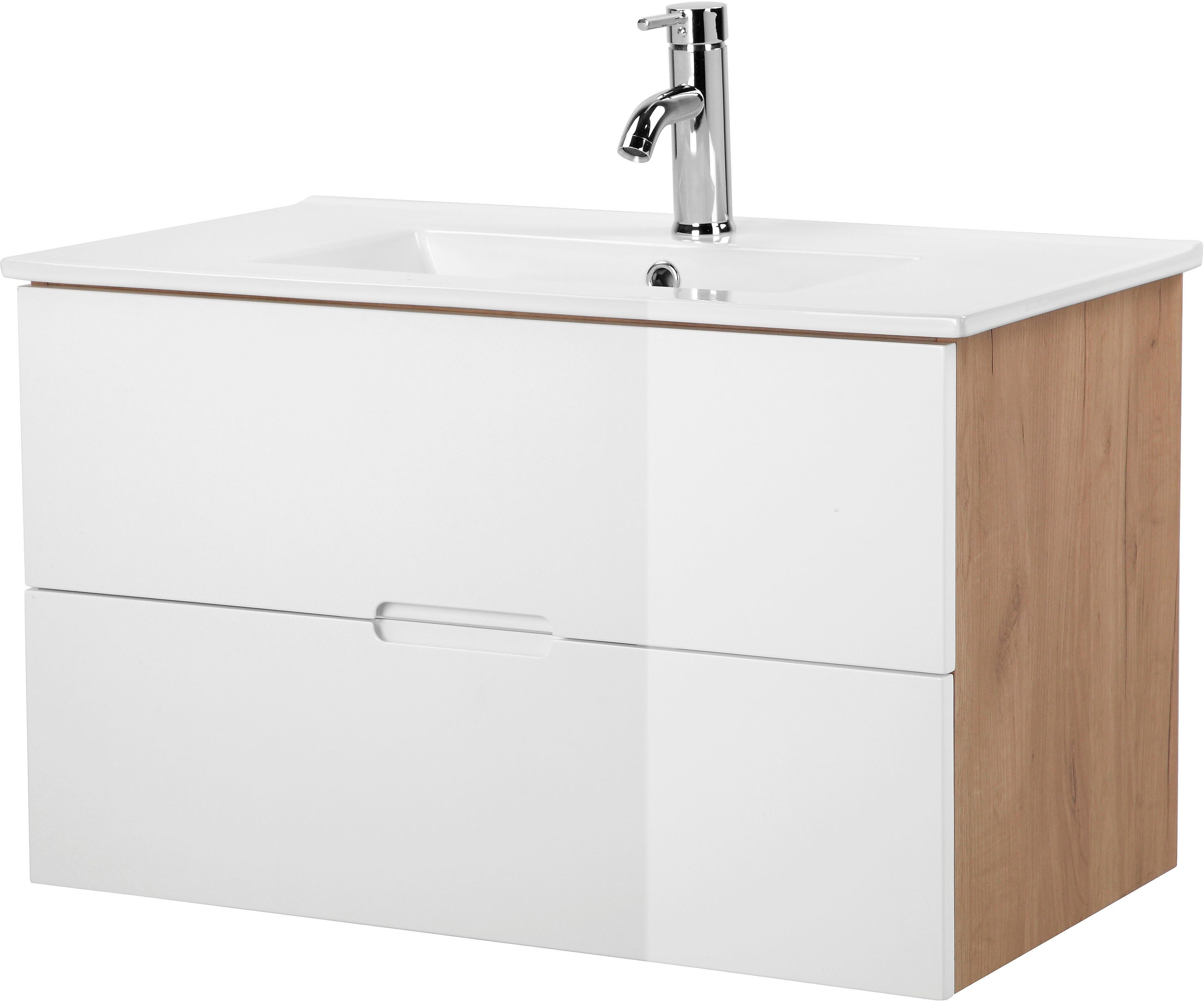 welltime Wastafelonderkast Lund badkamerkast onderkast met bekken Wastafelmeubel met wasbak en 2 laden breedte 80 cm (set)