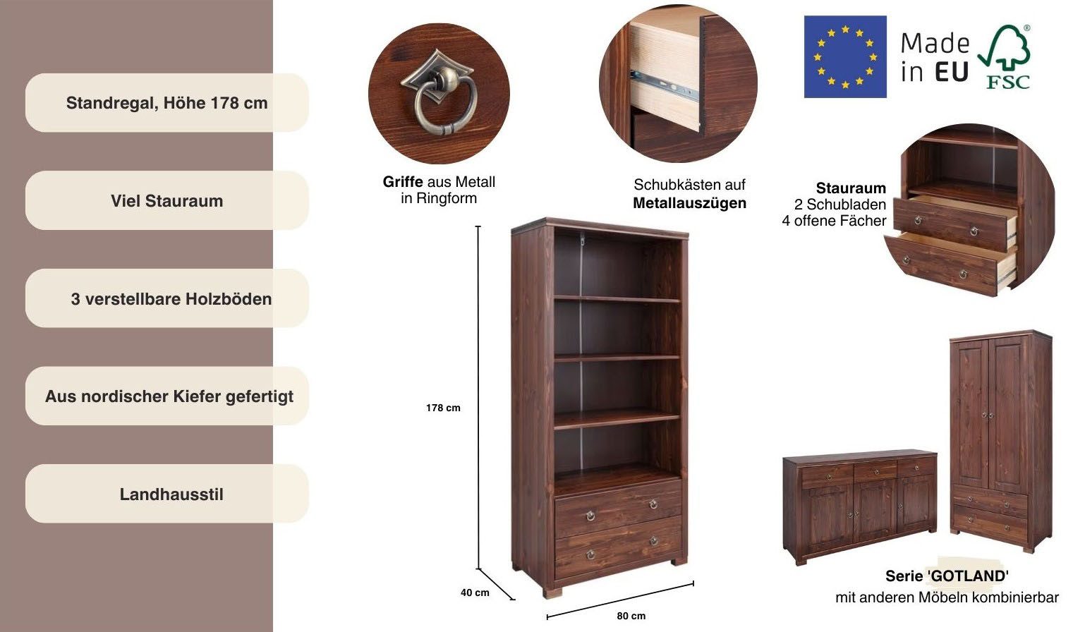 Home affaire Staand rek Gotland Breedte 80 cm, hoogte 178 cm, van massief grenen, FSC®