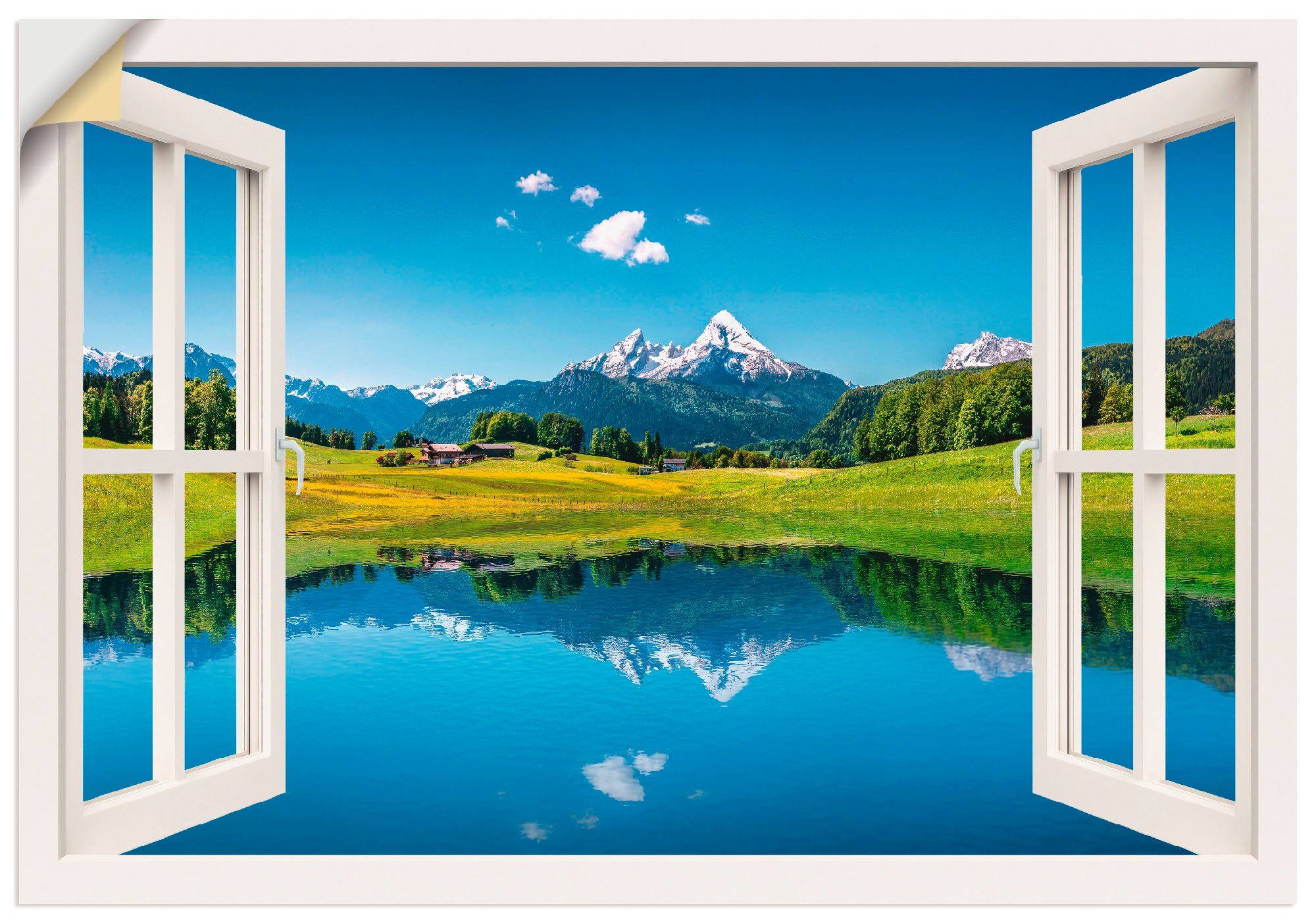 Artland Artprint Blik uit het venster Alpen en bergmeer als artprint op linnen, poster, muursticker in verschillende maten foto schilderijen maat 130