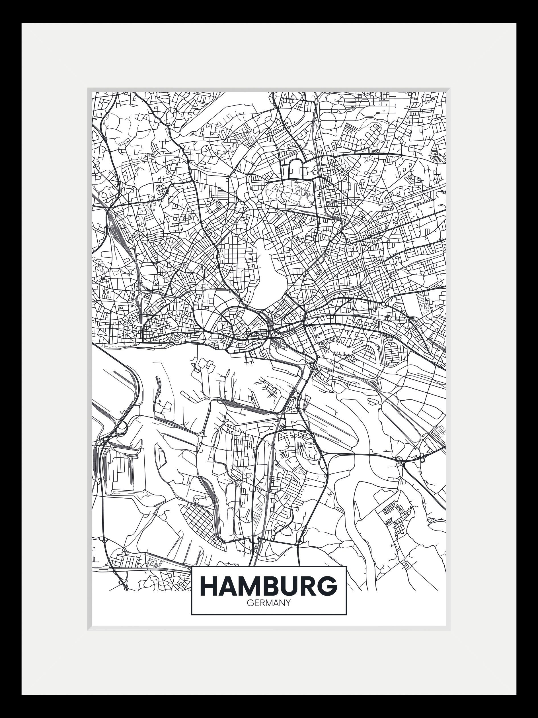 queence Wanddecoratie Hamburg Plattegrond HD premium posterdruk incl. houten lijst (1 stuk)