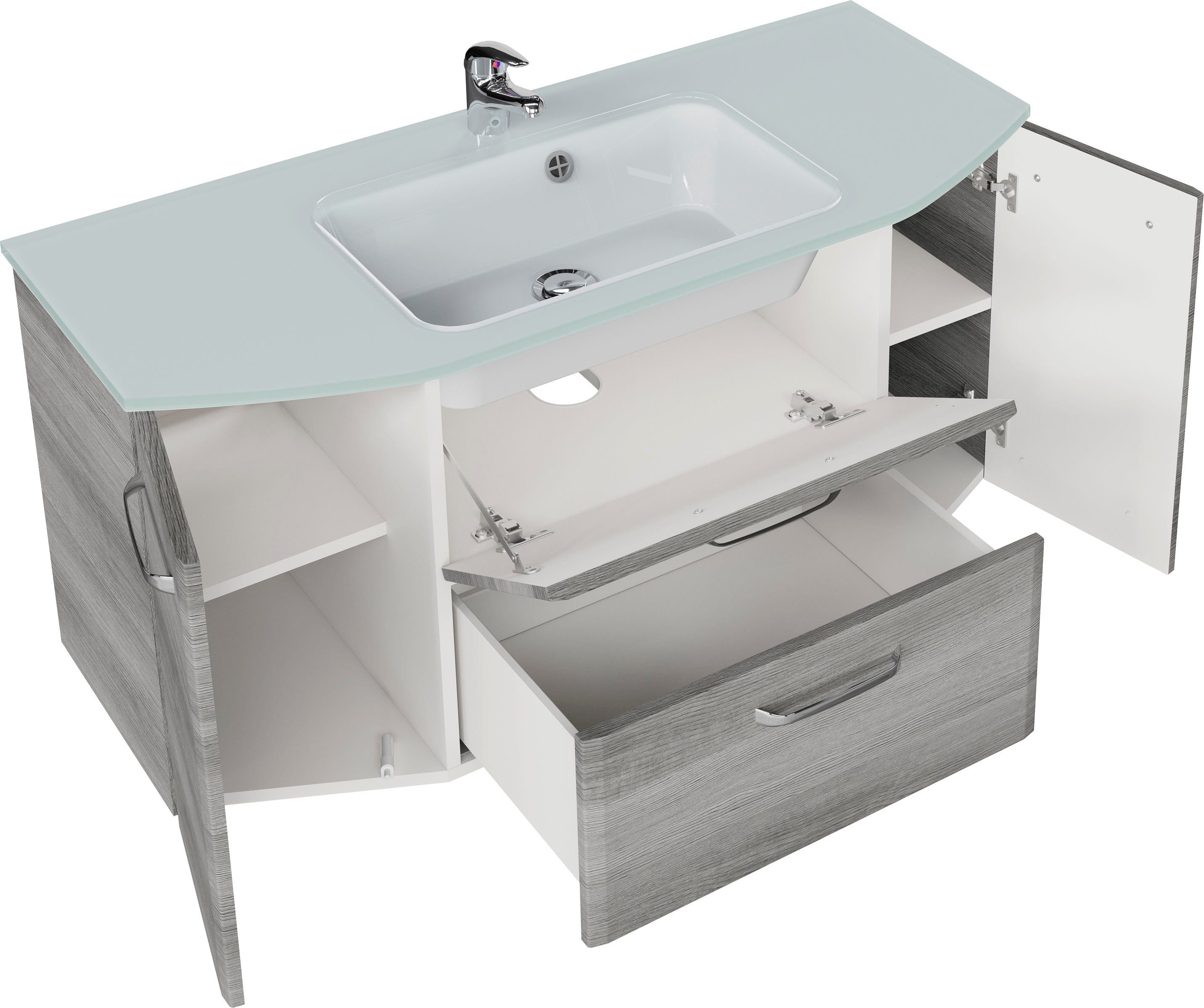 Saphir Wastafelonderkast Quickset wastafel incl. glazen wastafel, 112 cm breed, 2 deuren Onderkast met wasbak, inclusief deurdemper, grepen glanzend chroom