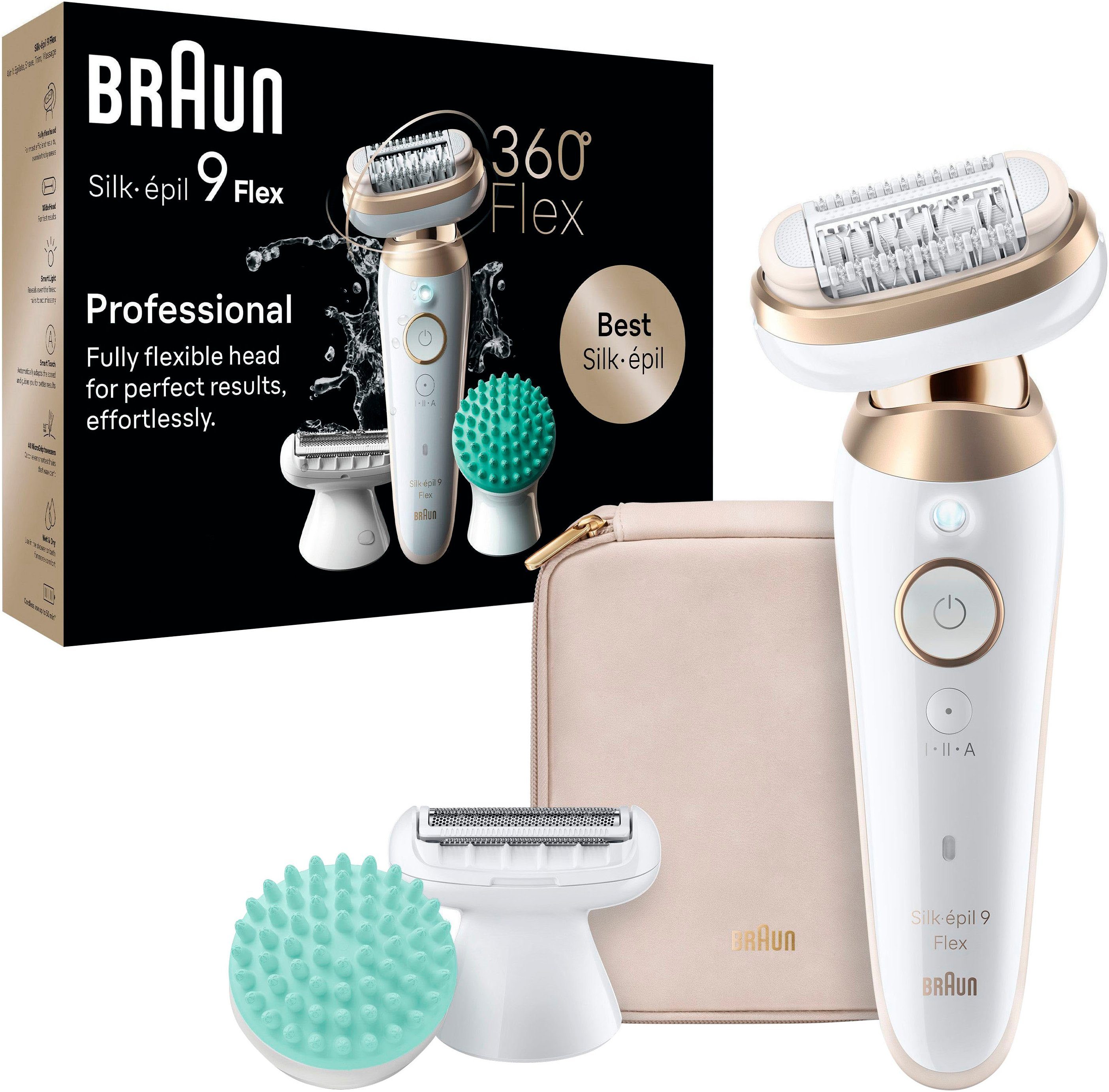 Braun Epilator Silk-épil Flex 9 9-071 met scheeropzetstuk, trimmeropzetstuk & massageopzetstuk.