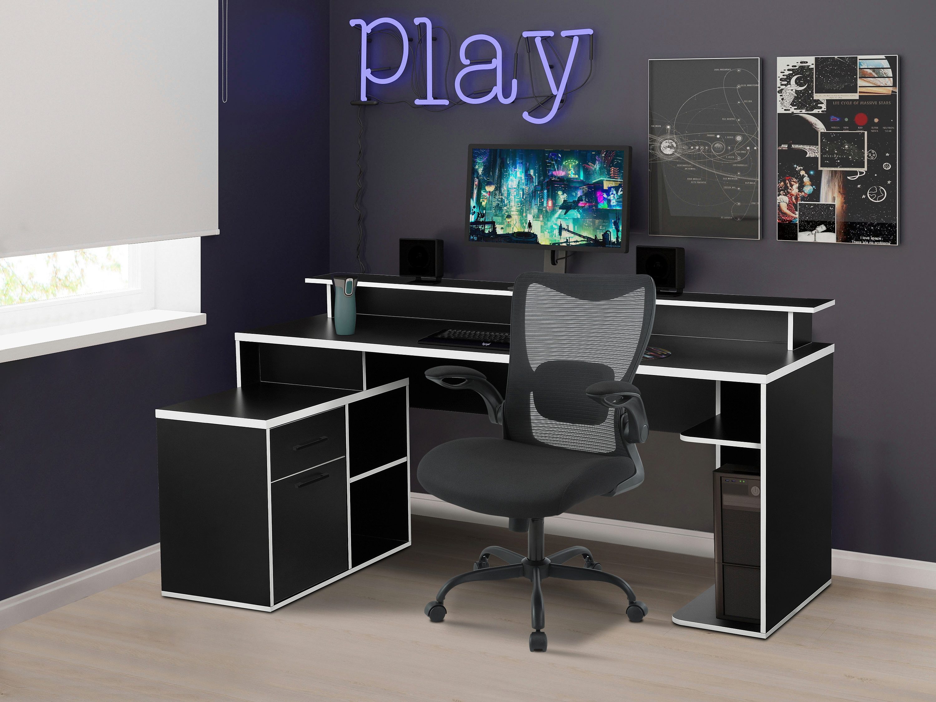 INOSIGN Gamingtafel Game, Computertisch, Hoekbureau , tower-vak, kabeldoorvoer, monitorsteun, opbergruimte, afmetingen 180x102 cm