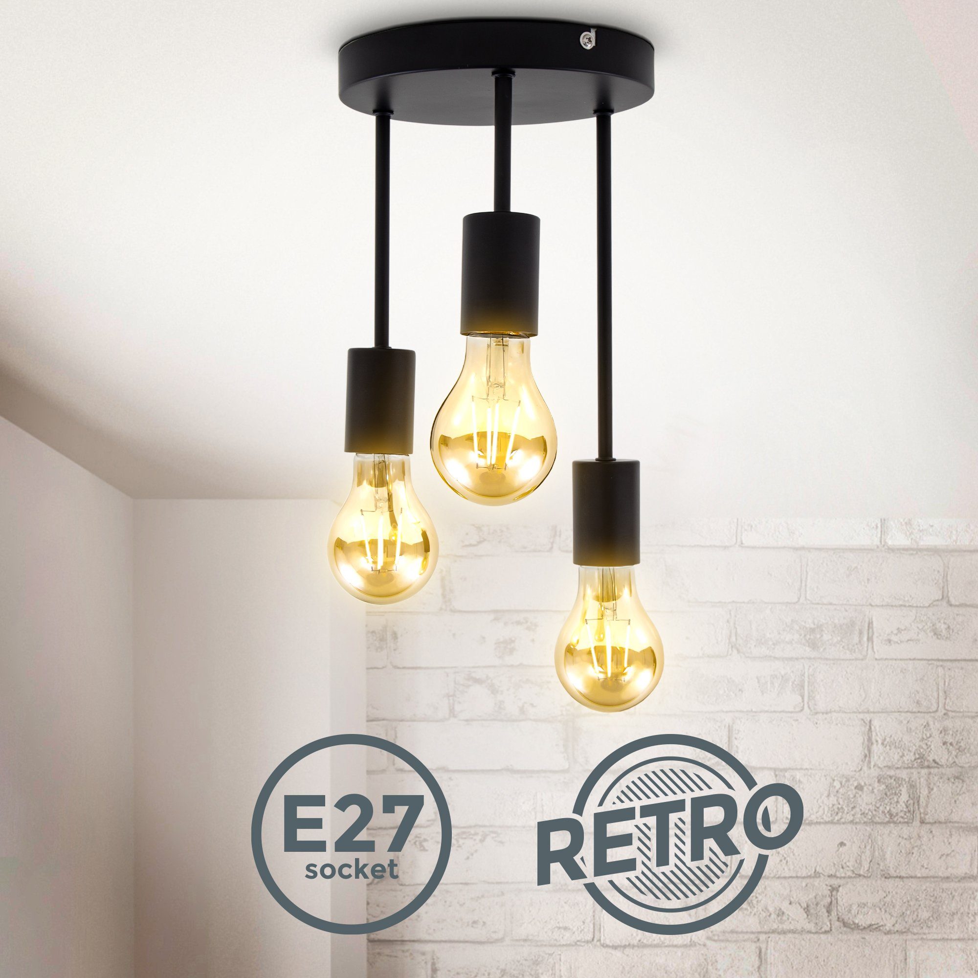 B.K.Licht Plafondspot BK_DS1458 Plafondlamp, retro, zwart mat, metaal 3-vlamig, e27-fittingen (max. 60w), zonder lichtbron, 31x19 cm (hxd) (1 stuk)