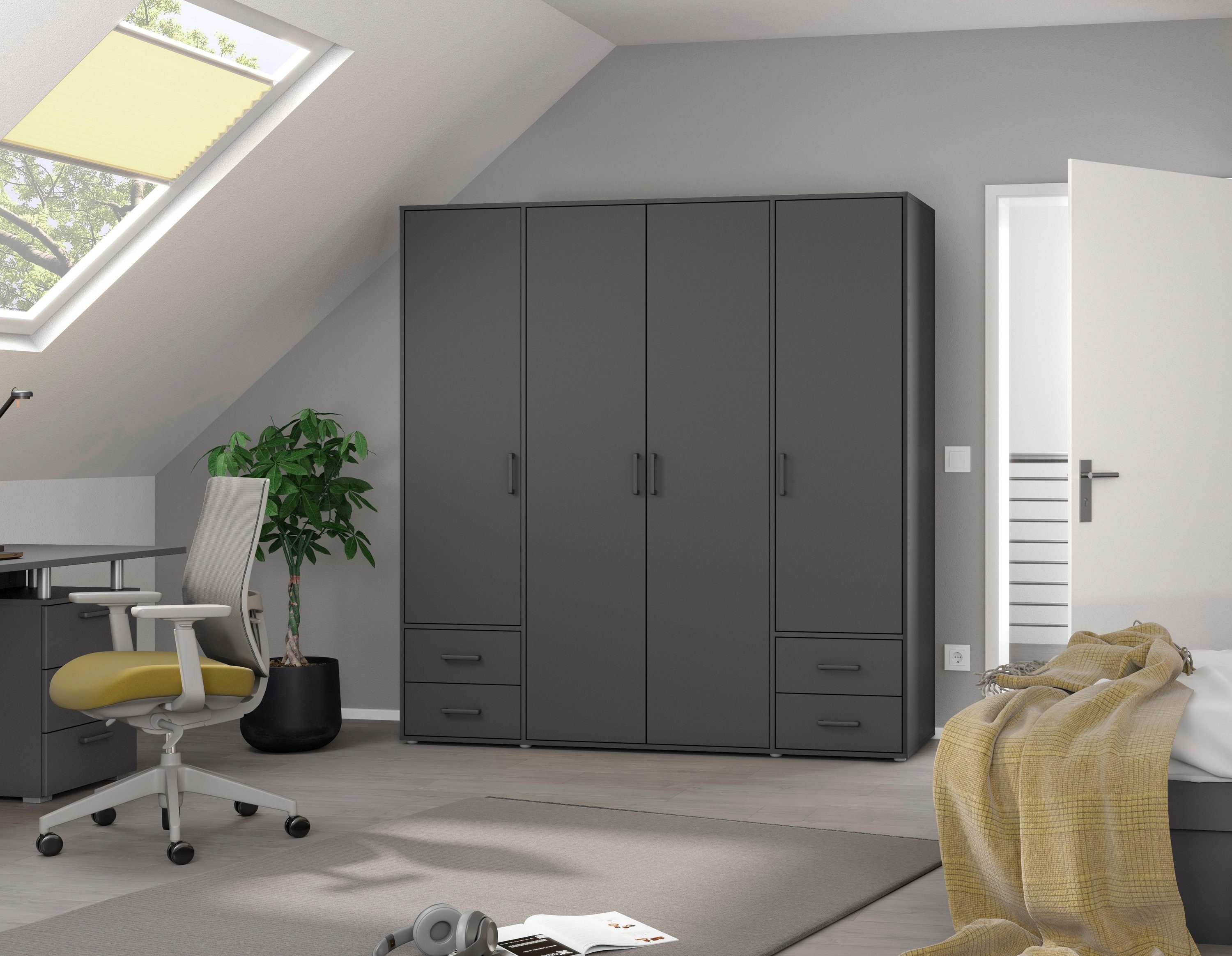 rauch Draaideurkast Kledingkast kast garderobe linnenkast VOYAGER moderne grepen in grijs metallic met buitenlades made in germany