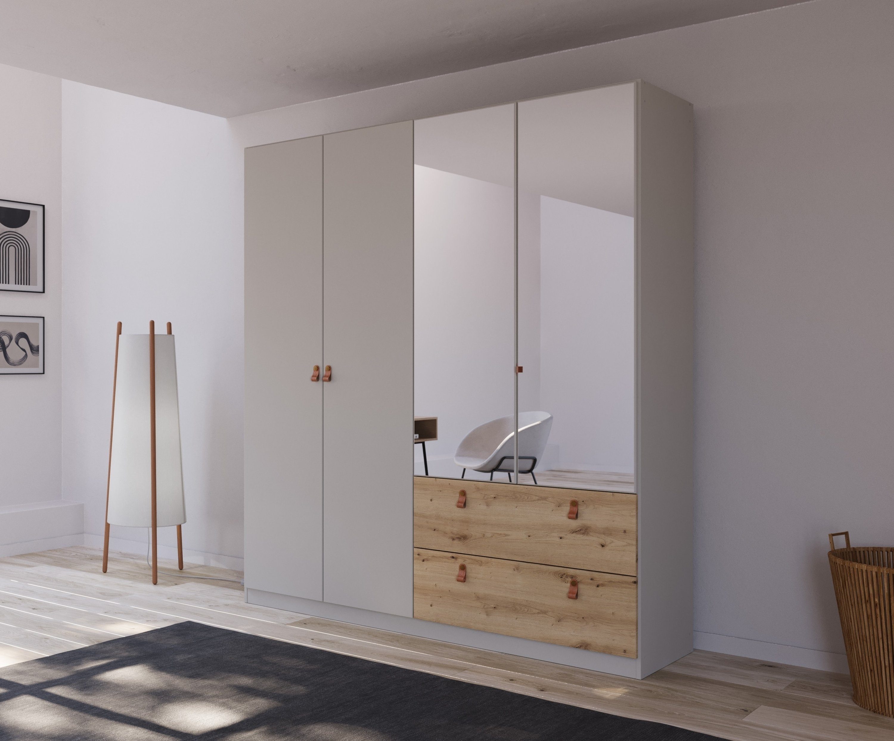rauch Draaideurkast Homey by Quadra Spin met cognacbruine leren greeplussen, laden in eiken-decor