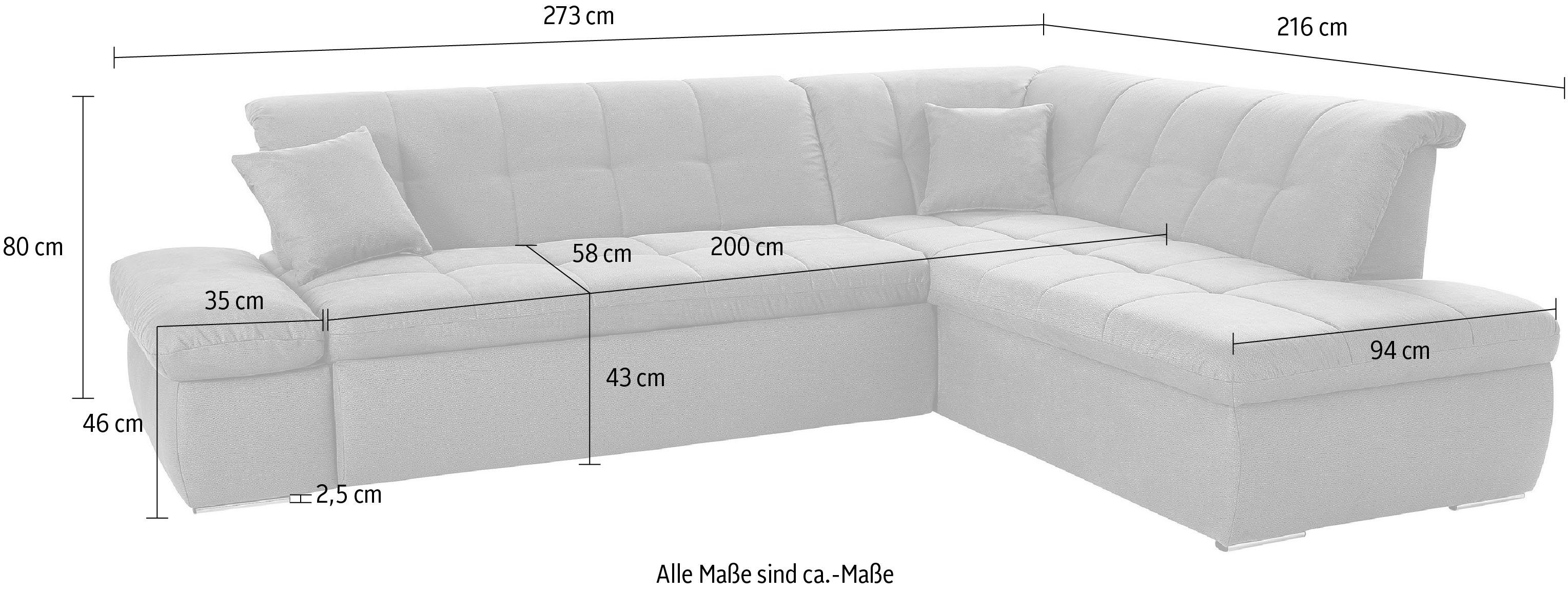 DOMO collection Hoekbank NMoric incl. decoratiekussen B/D/H: 273/216/80 cm L-vorm Ottoman aan uiteinde, optioneel met slaapbank functie en verstelling armleuning
