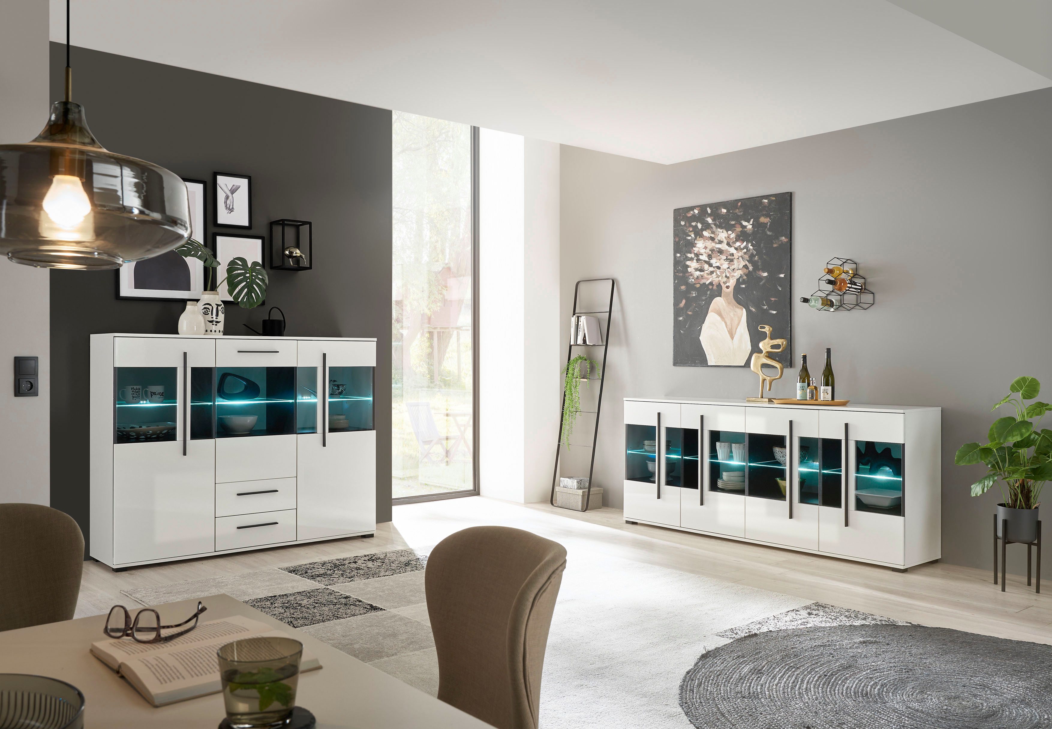 INOSIGN Highboard Cantara, moderne kast, vitrinekast in Eiken decor of wit zwarte stanggreep, voldoende opbergruimte, veelzijdig inzetbaar