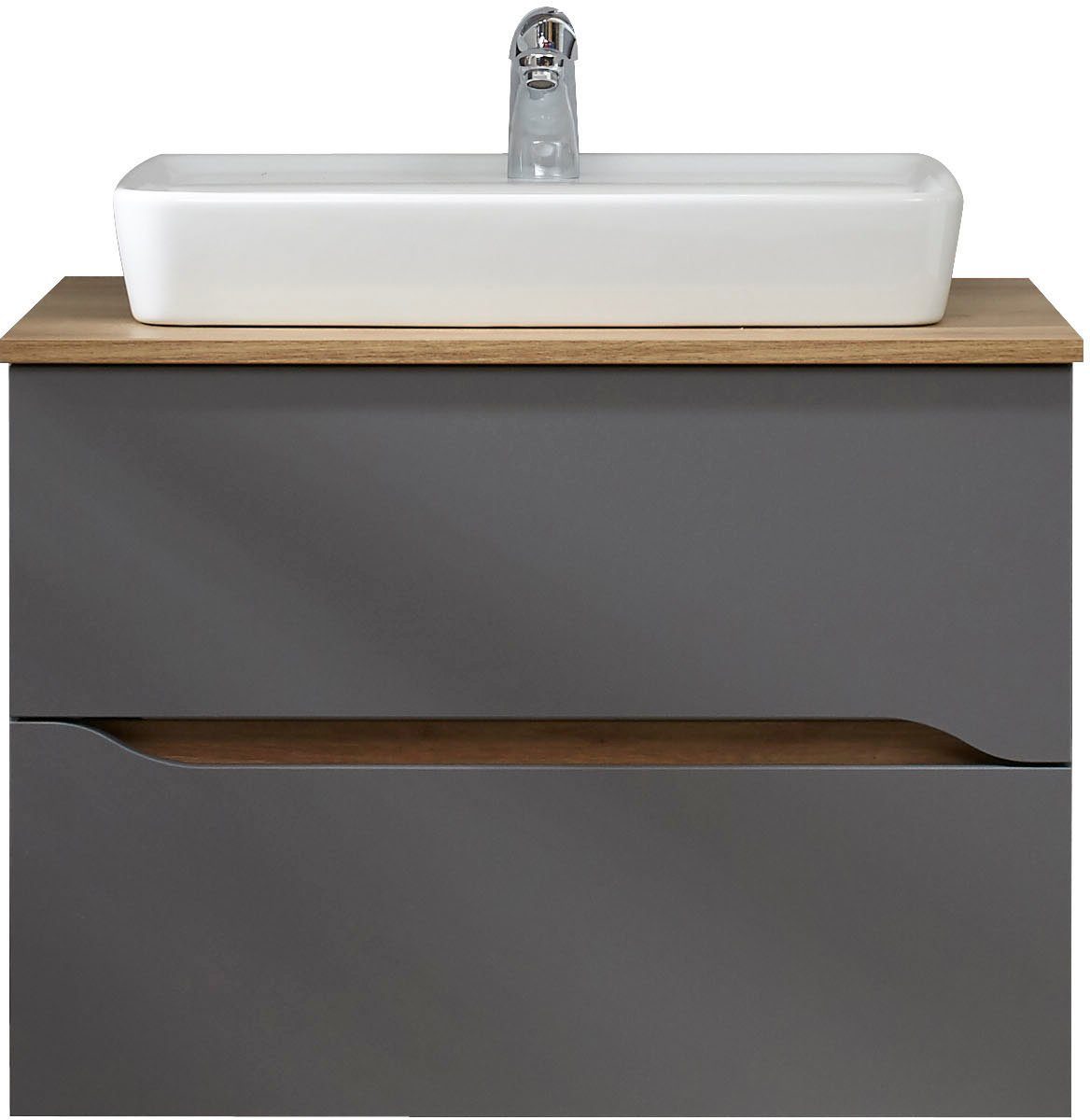 Saphir Badkamerserie Quickset 5-delig, keramische opzetwastafel en LED-spiegelkast Halfhoge kast, onderkast, hangend kastje, inclusief deurdemper, 7 deuren (7-delig)
